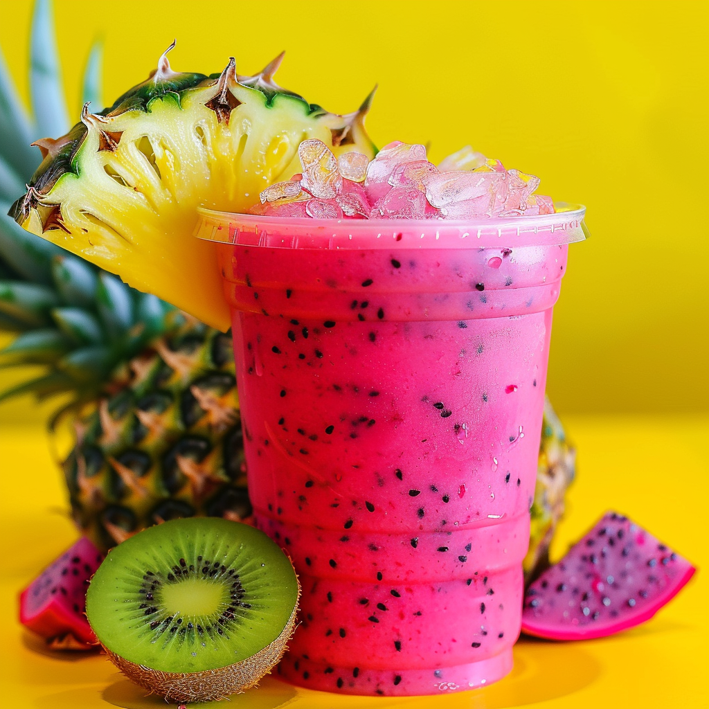Experience the vitality of our Dragonfruit Delight, a vibrant pink smoothie bursting with goodness and adorned with specks of black seeds. Presented in a clear eco-friendly cup, this refreshing treat is topped with ice for an exhilarating chill. Set against the backdrop of a whole pineapple and kiwi fruit, the zesty colors leap out from a cheerful yellow background, underscoring the freshness and health benefits that Zestful Blends stands for. Dive into this nourishing delight—perfectly crafted to invigorate your day! Experience the vitality of our Dragonfruit Delight, a vibrant pink smoothie bursting with goodness and adorned with specks of black seeds. Presented in a clear eco-friendly cup, this refreshing treat is topped with ice for an exhilarating chill. Set against the backdrop of a whole pineapple and kiwi fruit, the zesty colors leap out from a cheerful yellow background, underscoring the freshness and health benefits that Zestful Blends stands for. Dive into this nourishing delight—perfectly crafted to invigorate your day!