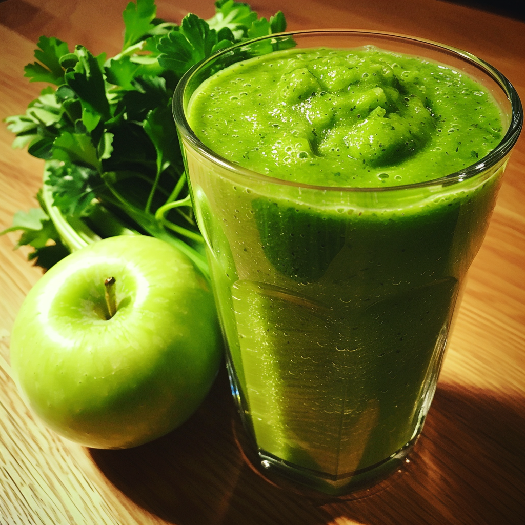 Elevate your day with Zestful Blends' Emerald Energy Smoothie! Bursting with goodness, this thick green smoothie in a clear glass showcases the freshest ingredients: crisp green apple and vibrant leafy parsley. Artfully displayed on a natural wooden surface and bathed in warm light, it embodies wellness and vigor. Savor the revitalizing flavors of our healthy creation while embracing eco-friendly choices for a zestful life! Elevate your day with Zestful Blends' Emerald Energy Smoothie! Bursting with goodness, this thick green smoothie in a clear glass showcases the freshest ingredients: crisp green apple and vibrant leafy parsley. Artfully displayed on a natural wooden surface and bathed in warm light, it embodies wellness and vigor. Savor the revitalizing flavors of our healthy creation while embracing eco-friendly choices for a zestful life!