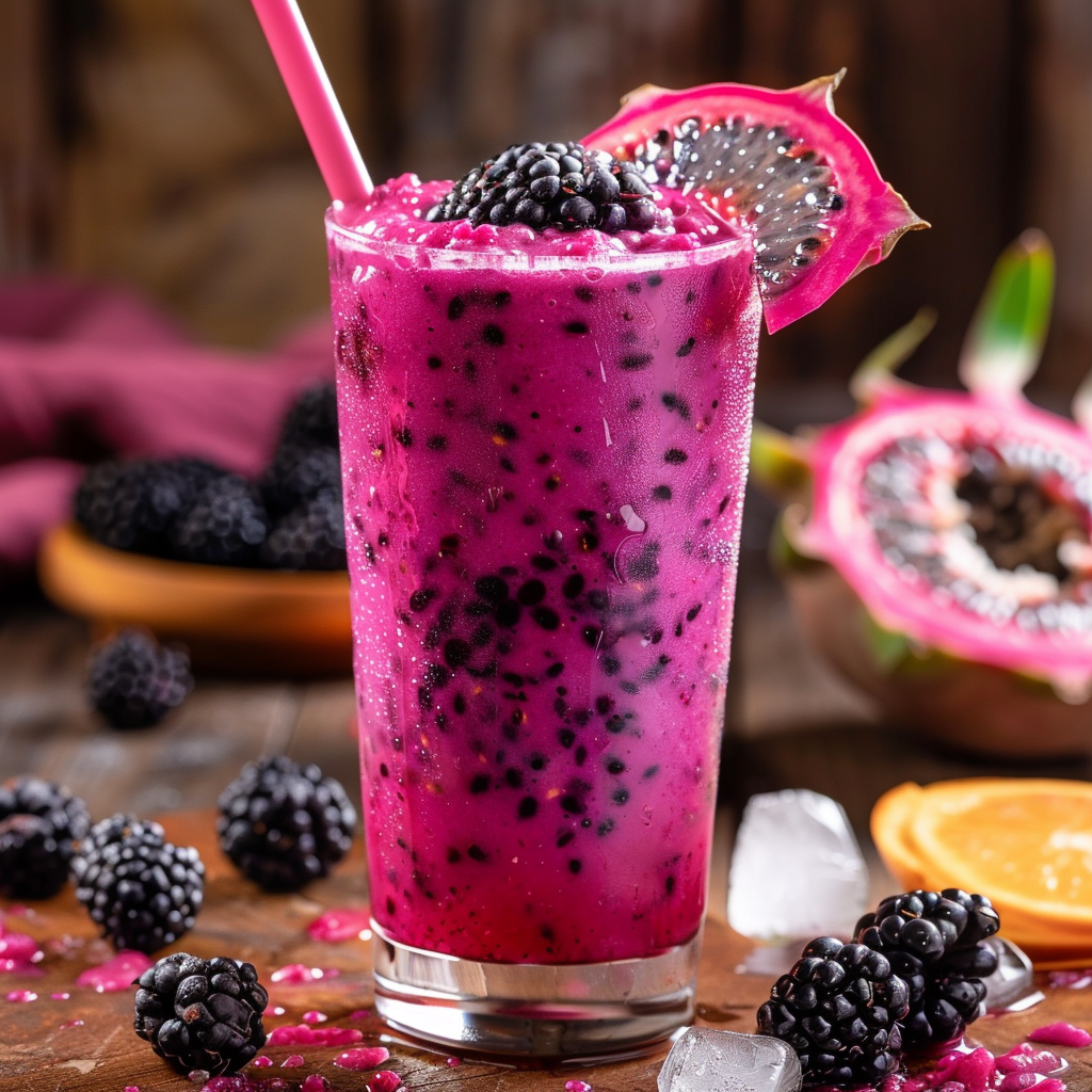 Feast your eyes on the Exotic Dragon Berry Blast from Zestful Blends! This refreshing smoothie, served in a pristine clear glass and garnished with luscious blackberries and a vibrant dragon fruit slice, is bursting with goodness. Packed with vitamins and antioxidants, this invigorating treat is as healthy as it is delicious. The scene highlights our dedication to freshness and quality, featuring extra blackberries, glistening ice cubes, and a sunny orange slice amid nature's bounty. Spot another ripe dragon fruit in the background—reminding you that at Zestful Blends, we’re all about eco-friendly choices and wholesome ingredients straight from the earth! Feast your eyes on the Exotic Dragon Berry Blast from Zestful Blends! This refreshing smoothie, served in a pristine clear glass and garnished with luscious blackberries and a vibrant dragon fruit slice, is bursting with goodness. Packed with vitamins and antioxidants, this invigorating treat is as healthy as it is delicious. The scene highlights our dedication to freshness and quality, featuring extra blackberries, glistening ice cubes, and a sunny orange slice amid nature's bounty. Spot another ripe dragon fruit in the background—reminding you that at Zestful Blends, we’re all about eco-friendly choices and wholesome ingredients straight from the earth!