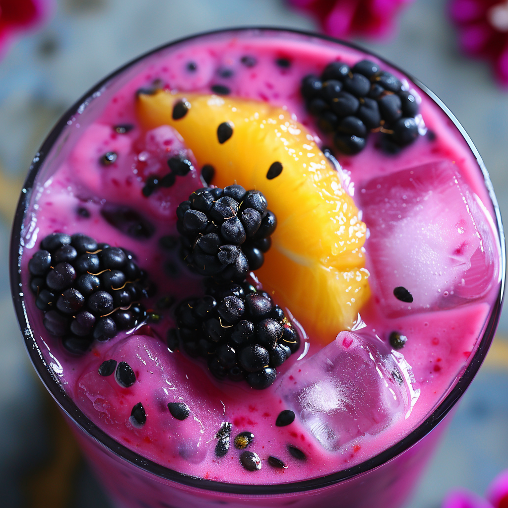 Feast your eyes on the Exotic Dragon Berry Blast – a vibrant pink elixir bursting with goodness! This tantalizing beverage, served in an elegant glass and garnished with luscious blackberries, zesty orange slices, and a sprinkle of black sesame seeds, promises a symphony of fresh flavors. Large ice cubes dance within this fruity delight, making it as refreshing as it is healthful. At Zestful Blends, we combine nature’s best ingredients to create drinks that not only taste incredible but also nourish your body. Enjoy our eco-friendly packaging and savor the pure vitality in every sip! Feast your eyes on the Exotic Dragon Berry Blast – a vibrant pink elixir bursting with goodness! This tantalizing beverage, served in an elegant glass and garnished with luscious blackberries, zesty orange slices, and a sprinkle of black sesame seeds, promises a symphony of fresh flavors. Large ice cubes dance within this fruity delight, making it as refreshing as it is healthful. At Zestful Blends, we combine nature’s best ingredients to create drinks that not only taste incredible but also nourish your body. Enjoy our eco-friendly packaging and savor the pure vitality in every sip!