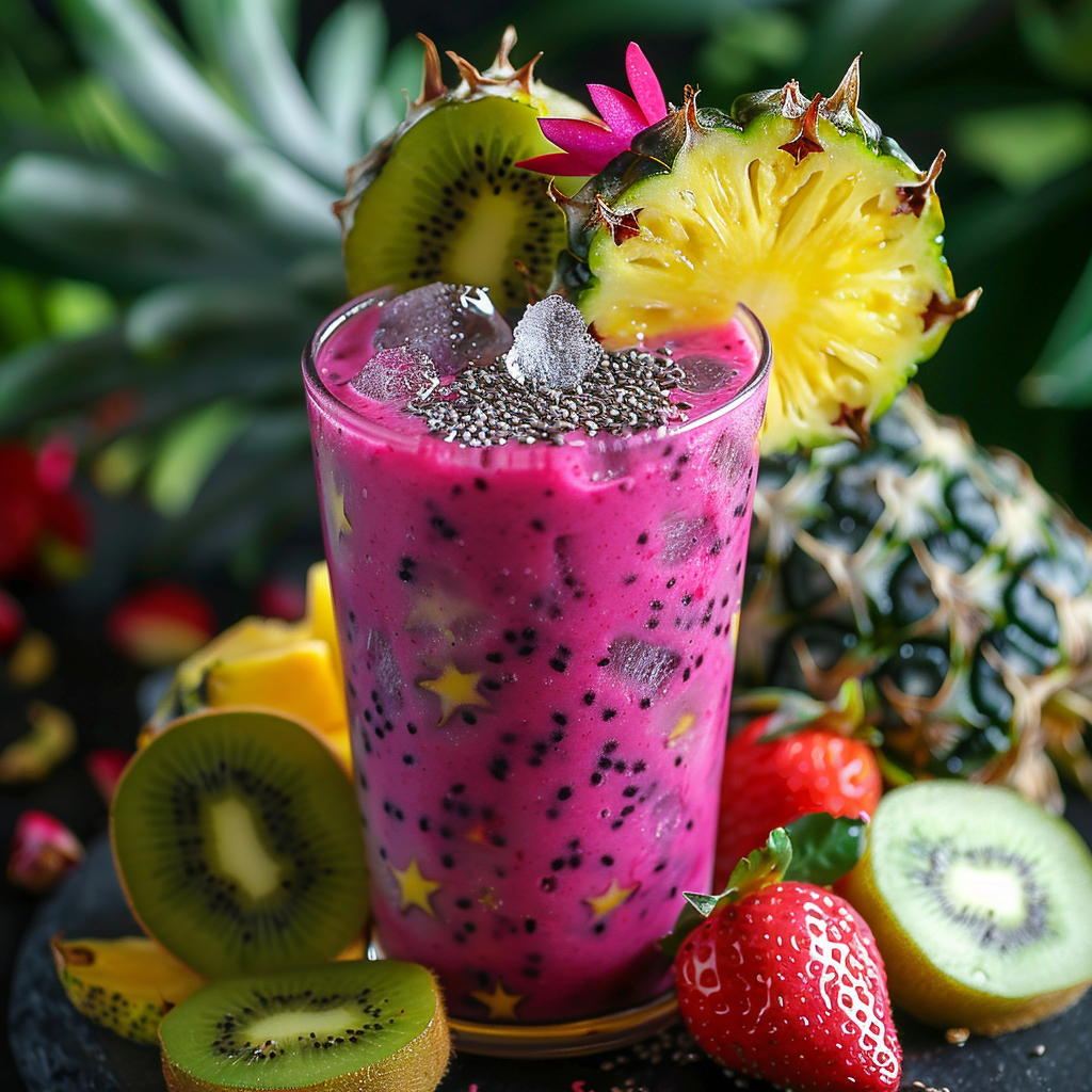 A vibrant, health-boosting smoothie brimming with chia seeds and refreshing ice cubes, surrounded by an array of fresh fruits—succulent kiwi slices, juicy strawberries, and tangy pineapple. This Exotic Fruit Odyssey, infused with a playful pink hue and adorned with star-shaped fruit gems, is bursting with goodness. Set against a backdrop of lush succulents and vibrant greenery, it's more than just a drink; it's a celebration of nature's finest flavors. Experience the epitome of freshness while staying eco-conscious with our delightful blend! A vibrant, health-boosting smoothie brimming with chia seeds and refreshing ice cubes, surrounded by an array of fresh fruits—succulent kiwi slices, juicy strawberries, and tangy pineapple. This Exotic Fruit Odyssey, infused with a playful pink hue and adorned with star-shaped fruit gems, is bursting with goodness. Set against a backdrop of lush succulents and vibrant greenery, it's more than just a drink; it's a celebration of nature's finest flavors. Experience the epitome of freshness while staying eco-conscious with our delightful blend!