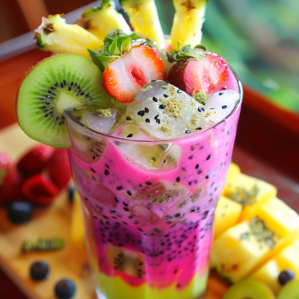 A dazzling smoothie masterpiece in a tall glass, brimming with vivid layers of pink dragon fruit, sunny pineapple, and lush green kiwi. Our Exotic Fruit Odyssey is crowned with refreshing kiwi slices, succulent strawberries, and juicy pineapple chunks, all delicately sprinkled with chia seeds. Bursting with goodness and packed with essential vitamins for a healthful boost! Assorted fruits in the background underscore our commitment to fresh produce. Experience the vibrant flavors that embody Zestful Blends’ dedication to nature’s bounty and eco-friendly practices. A dazzling smoothie masterpiece in a tall glass, brimming with vivid layers of pink dragon fruit, sunny pineapple, and lush green kiwi. Our Exotic Fruit Odyssey is crowned with refreshing kiwi slices, succulent strawberries, and juicy pineapple chunks, all delicately sprinkled with chia seeds. Bursting with goodness and packed with essential vitamins for a healthful boost! Assorted fruits in the background underscore our commitment to fresh produce. Experience the vibrant flavors that embody Zestful Blends’ dedication to nature’s bounty and eco-friendly practices.