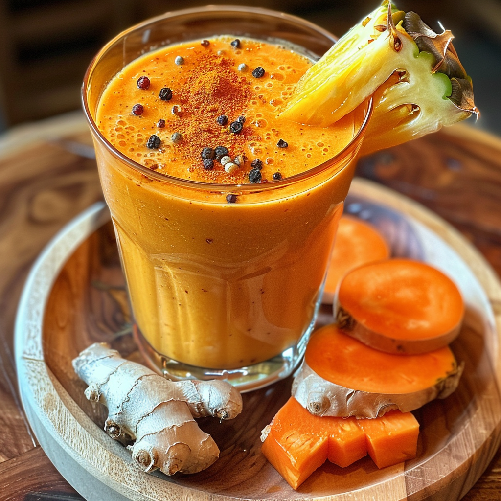 A vibrant orange Exotic Spice Trail smoothie, served in a clear glass and garnished with fresh pineapple pieces, is bursting with goodness. Sprinkled with exotic spices like black pepper and turmeric powder, this health-boosting elixir is set on a rustic wooden plate surrounded by fresh ginger root and sliced persimmons. Each element showcases Zestful Blends’ commitment to freshness and vitality. Enjoy this colorful, eco-friendly presentation that combines delicious flavors with countless health benefits. A vibrant orange Exotic Spice Trail smoothie, served in a clear glass and garnished with fresh pineapple pieces, is bursting with goodness. Sprinkled with exotic spices like black pepper and turmeric powder, this health-boosting elixir is set on a rustic wooden plate surrounded by fresh ginger root and sliced persimmons. Each element showcases Zestful Blends’ commitment to freshness and vitality. Enjoy this colorful, eco-friendly presentation that combines delicious flavors with countless health benefits.