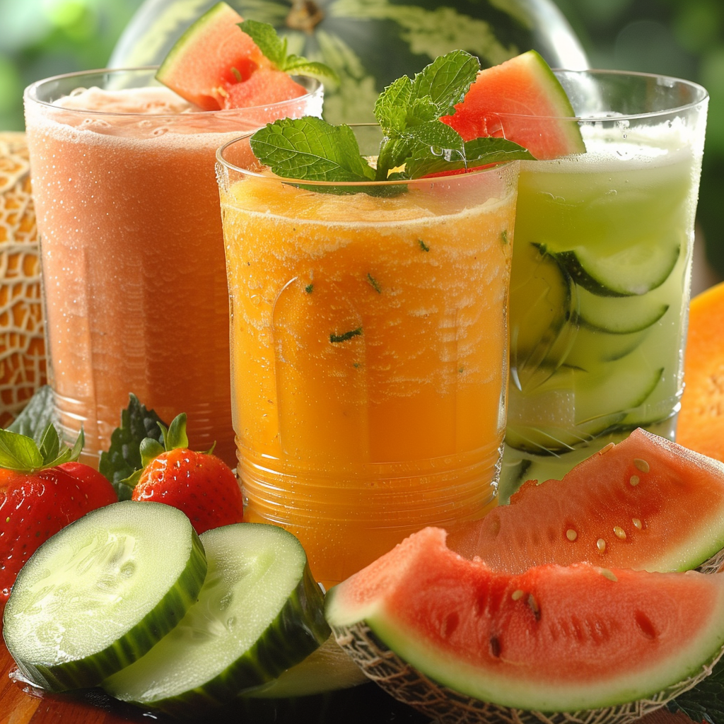 Three vibrant glasses of Exotic Summer Quencher gleam on a rustic wooden surface, each bursting with healthful goodness. Our pink quencher, adorned with juicy watermelon slices, radiates summer sweetness; the orange delight, infused with refreshing mint leaves, promises a zesty rejuvenation; and the exotic green elixir, graced with crisp cucumber slices, delivers a cool and invigorating lift. Around these refreshing beverages lie an array of freshly picked watermelon wedges, crisp cucumber rounds, and succulent strawberries—testaments to our commitment to freshness and quality. At Zestful Blends, we prioritize eco-friendly practices to ensure that every sip not only nourishes your body but also respects our planet. Enjoy the pure essence of nature in every glass! Three vibrant glasses of Exotic Summer Quencher gleam on a rustic wooden surface, each bursting with healthful goodness. Our pink quencher, adorned with juicy watermelon slices, radiates summer sweetness; the orange delight, infused with refreshing mint leaves, promises a zesty rejuvenation; and the exotic green elixir, graced with crisp cucumber slices, delivers a cool and invigorating lift. Around these refreshing beverages lie an array of freshly picked watermelon wedges, crisp cucumber rounds, and succulent strawberries—testaments to our commitment to freshness and quality. At Zestful Blends, we prioritize eco-friendly practices to ensure that every sip not only nourishes your body but also respects our planet. Enjoy the pure essence of nature in every glass!