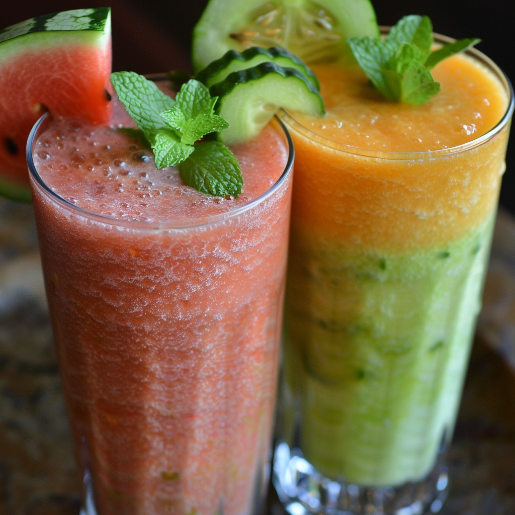 Two tall glasses of Zestful Blends’ luscious summer smoothies grace the table, bursting with goodness and vibrant colors. On the left, the ruby-red creation—garnished with a fresh watermelon slice and sprig of mint—is not just a drink but a health-boosting delight. On the right, our Exotic Summer Quencher shines, adorned with a crisp cucumber slice and mint, promising refreshment in every sip. Both smoothies boast thick, blended textures that scream freshness. Crafted from eco-friendly ingredients to nourish your body and soul! Two tall glasses of Zestful Blends’ luscious summer smoothies grace the table, bursting with goodness and vibrant colors. On the left, the ruby-red creation—garnished with a fresh watermelon slice and sprig of mint—is not just a drink but a health-boosting delight. On the right, our Exotic Summer Quencher shines, adorned with a crisp cucumber slice and mint, promising refreshment in every sip. Both smoothies boast thick, blended textures that scream freshness. Crafted from eco-friendly ingredients to nourish your body and soul!