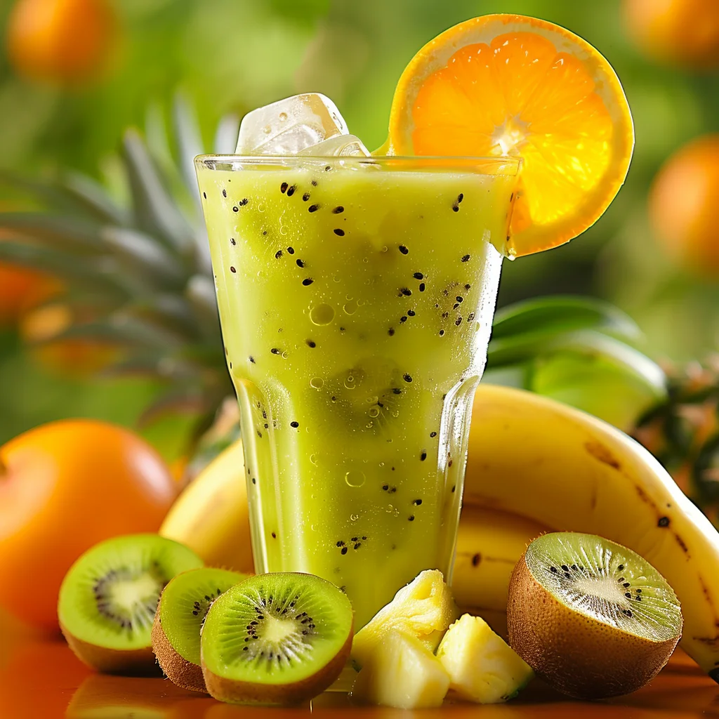 A revitalizing Five Fruit Fiesta in a glass, garnished with a vibrant slice of orange, bursting with goodness. Surrounded by a cornucopia of whole and sliced kiwis, bananas, and pineapple chunks, this scene epitomizes freshness. The blurred background teems with more fruits and lush greenery, highlighting the wholesome bounty of Zestful Blends. Our eco-friendly products shine through every sip and bite! A revitalizing Five Fruit Fiesta in a glass, garnished with a vibrant slice of orange, bursting with goodness. Surrounded by a cornucopia of whole and sliced kiwis, bananas, and pineapple chunks, this scene epitomizes freshness. The blurred background teems with more fruits and lush greenery, highlighting the wholesome bounty of Zestful Blends. Our eco-friendly products shine through every sip and bite!
