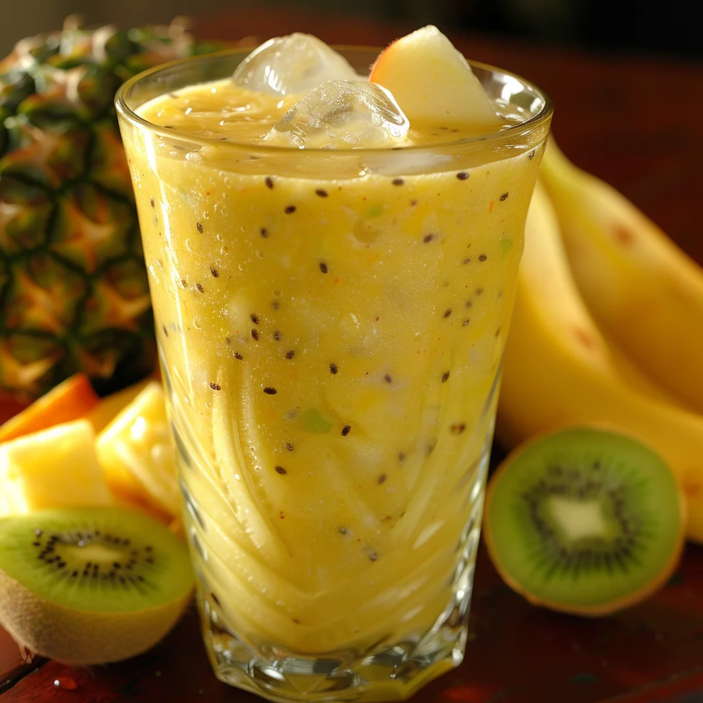 Dive into the Five Fruit Fiesta! Bursting with goodness, this refreshing blend in a glass, filled with crisp ice cubes and garnished with fresh apple slices, showcases our commitment to health and vitality. Surrounding the vibrant glass are whole pineapple, banana, kiwi, and sliced kiwi alongside juicy pineapple chunks on a rustic wooden surface. Celebrate freshness with every sip from Zestful Blends, where eco-friendly choices meet the freshest ingredients for your ultimate wellness. Dive into the Five Fruit Fiesta! Bursting with goodness, this refreshing blend in a glass, filled with crisp ice cubes and garnished with fresh apple slices, showcases our commitment to health and vitality. Surrounding the vibrant glass are whole pineapple, banana, kiwi, and sliced kiwi alongside juicy pineapple chunks on a rustic wooden surface. Celebrate freshness with every sip from Zestful Blends, where eco-friendly choices meet the freshest ingredients for your ultimate wellness.