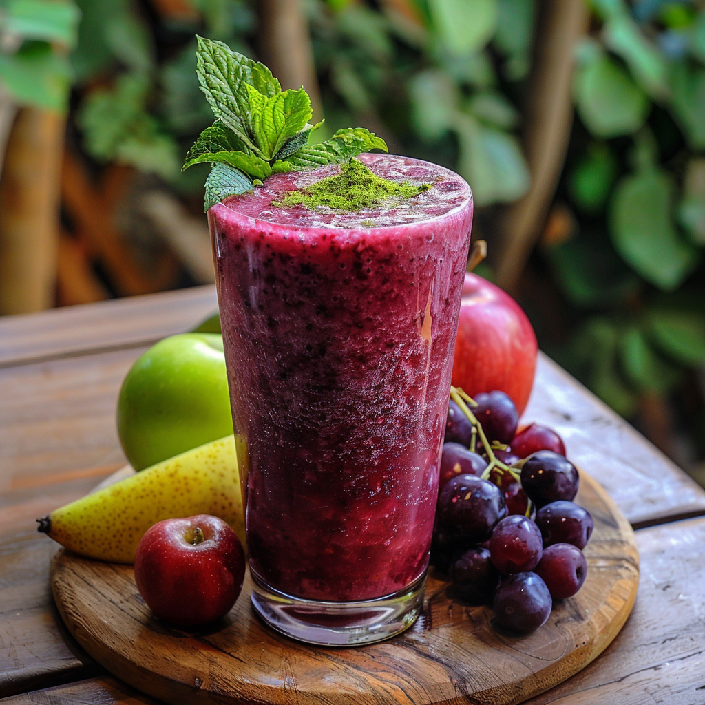 An energizing purple Fruity Zen Blend, bursting with goodness, served in a tall glass and garnished with a refreshing sprig of mint. Nestled on a rustic wooden board and surrounded by an array of fresh fruits—green apple, red apple, banana, red plum, and luscious dark grapes—this delightful blend embodies the vibrant freshness of Zestful Blends. Our Fruity Zen Blend promises not only an invigorating taste but also exceptional health benefits. With every sip, embrace tranquility amid a zen-like backdrop of blurred leafy greens. Experience eco-friendly indulgence that nourishes and revitalizes! An energizing purple Fruity Zen Blend, bursting with goodness, served in a tall glass and garnished with a refreshing sprig of mint. Nestled on a rustic wooden board and surrounded by an array of fresh fruits—green apple, red apple, banana, red plum, and luscious dark grapes—this delightful blend embodies the vibrant freshness of Zestful Blends. Our Fruity Zen Blend promises not only an invigorating taste but also exceptional health benefits. With every sip, embrace tranquility amid a zen-like backdrop of blurred leafy greens. Experience eco-friendly indulgence that nourishes and revitalizes!