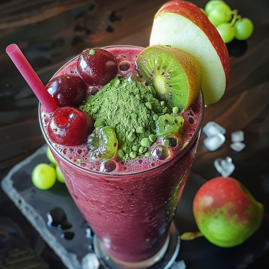 A vibrant Fruity Zen Blend served in a glass, bursting with the natural goodness of cherries, kiwi slices, matcha powder, and fresh apple slices. Enjoy this refreshing drink through a stylish pink straw. The serene background complements the zen atmosphere with an array of scattered fruits on a dark wooden surface. Zestful Blends delivers health benefits and unparalleled freshness in every sip while embracing eco-friendly practices for a better planet. A vibrant Fruity Zen Blend served in a glass, bursting with the natural goodness of cherries, kiwi slices, matcha powder, and fresh apple slices. Enjoy this refreshing drink through a stylish pink straw. The serene background complements the zen atmosphere with an array of scattered fruits on a dark wooden surface. Zestful Blends delivers health benefits and unparalleled freshness in every sip while embracing eco-friendly practices for a better planet.