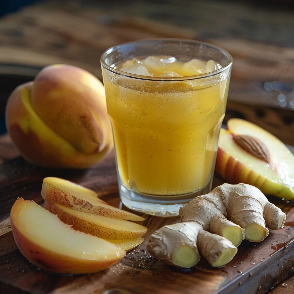 A radiant glass of Ginger Peach Pear Fusion, chilled with ice, rests elegantly on a rustic wooden surface. Surrounding the glass are vibrant, fresh peach slices, a juicy whole peach, and invigorating ginger root. This inviting scene bursts with goodness and showcases the healthful freshness that Zestful Blends is renowned for. Our products—fruit salads, juices, snacks, smoothies, whole fruit packs, and desserts—are crafted to delight your senses while benefiting your well-being. Committed to eco-friendly practices and brimming with natural flavors that beckon to be enjoyed! A radiant glass of Ginger Peach Pear Fusion, chilled with ice, rests elegantly on a rustic wooden surface. Surrounding the glass are vibrant, fresh peach slices, a juicy whole peach, and invigorating ginger root. This inviting scene bursts with goodness and showcases the healthful freshness that Zestful Blends is renowned for. Our products—fruit salads, juices, snacks, smoothies, whole fruit packs, and desserts—are crafted to delight your senses while benefiting your well-being. Committed to eco-friendly practices and brimming with natural flavors that beckon to be enjoyed!