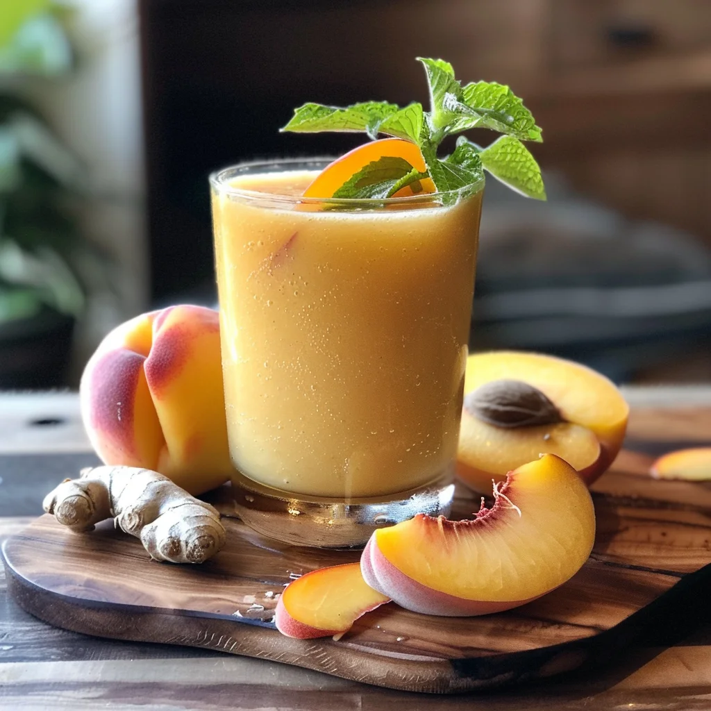 Experience the vibrant health benefits of Zestful Blends with our Ginger Peach Pear Fusion! This refreshing drink, garnished with a succulent slice of peach and a sprig of mint, is bursting with goodness. Presented on an eco-friendly wooden cutting board, it's surrounded by fresh peach slices, whole peaches, and aromatic pieces of ginger. The blurred, cozy indoor background subtly enhances the enticing hint of ginger in each sip. Dive into this nutritious delight that promises freshness and vitality in every drop! Experience the vibrant health benefits of Zestful Blends with our Ginger Peach Pear Fusion! This refreshing drink, garnished with a succulent slice of peach and a sprig of mint, is bursting with goodness. Presented on an eco-friendly wooden cutting board, it's surrounded by fresh peach slices, whole peaches, and aromatic pieces of ginger. The blurred, cozy indoor background subtly enhances the enticing hint of ginger in each sip. Dive into this nutritious delight that promises freshness and vitality in every drop!