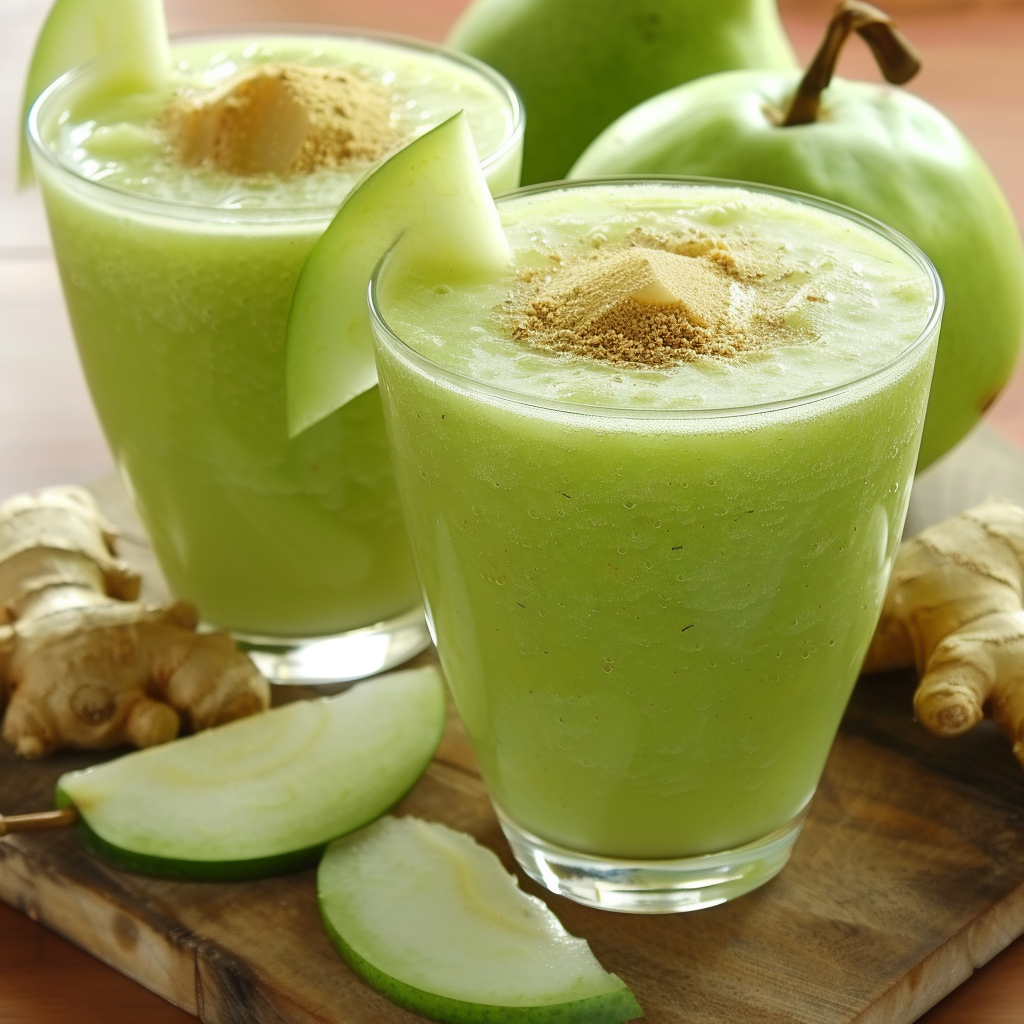 Two invigorating Gingered Honeydew Harmony Smoothies served in elegant glasses, adorned with crisp apple slices and a dash of ginger powder. Picture this: fresh green apples and aromatic ginger root artfully scattered on the rustic wooden surface, elevating the vibrant and healthful ambiance. Bursting with goodness, this refreshing treat embodies Zestful Blends' commitment to fresh ingredients and maximum nutrition. Perfect for boosting your day with a zesty mix of flavors! Enjoy our eco-friendly approach—indulge in the harmony of taste and wellness. Two invigorating Gingered Honeydew Harmony Smoothies served in elegant glasses, adorned with crisp apple slices and a dash of ginger powder. Picture this: fresh green apples and aromatic ginger root artfully scattered on the rustic wooden surface, elevating the vibrant and healthful ambiance. Bursting with goodness, this refreshing treat embodies Zestful Blends' commitment to fresh ingredients and maximum nutrition. Perfect for boosting your day with a zesty mix of flavors! Enjoy our eco-friendly approach—indulge in the harmony of taste and wellness.