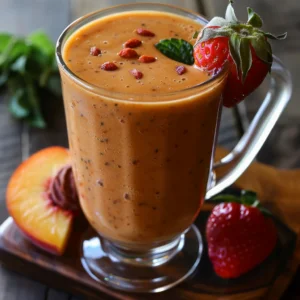 A glass cup brimming with our Goji Berry Glow Smoothie radiates vibrant color, garnished with nutrient-rich goji berries and fresh mint. A whole strawberry adorns the rim, while additional fresh strawberries and a juicy peach half bask beside it on the rustic wooden surface. Bursting with goodness, this smoothie is packed with health-boosting ingredients to invigorate your day. Enjoy our eco-friendly packaging that keeps your treats fresh and sustains our planet. Experience the zest of life with every sip!