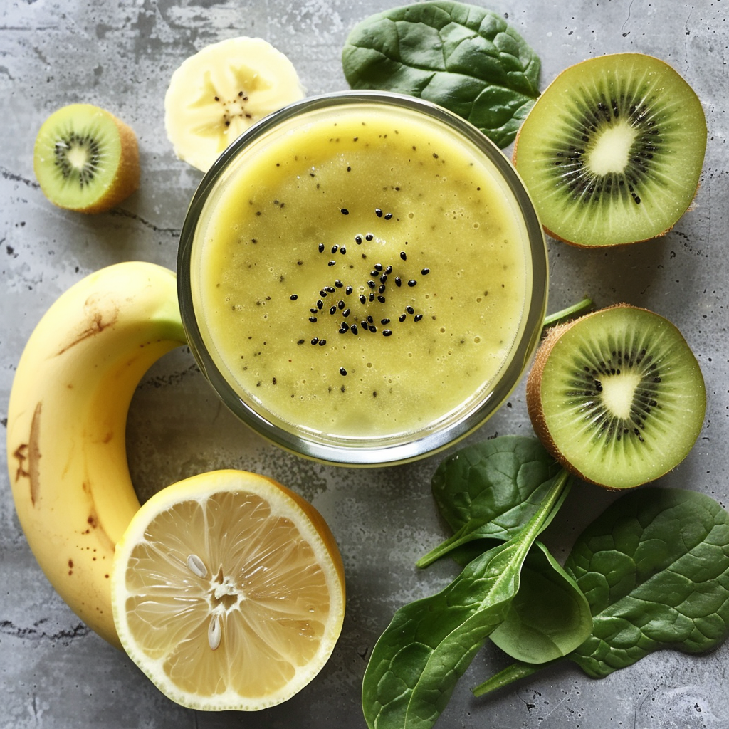 Dive into a glass of vibrant health with our Gold Kiwi Quencher Smoothie! Bursting with goodness, this refreshing drink is topped with nutritious chia seeds and surrounded by the freshest ingredients—sliced kiwi, whole gold kiwi, zesty half lemon, lush spinach leaves, and a perfectly ripe banana. Each sip encapsulates the vitality and zest of nature’s bounty. Perfect for those seeking a delicious boost to their day! And remember, at Zestful Blends, our eco-friendly practices ensure you enjoy every health-packed product sustainably. Dive into a glass of vibrant health with our Gold Kiwi Quencher Smoothie! Bursting with goodness, this refreshing drink is topped with nutritious chia seeds and surrounded by the freshest ingredients—sliced kiwi, whole gold kiwi, zesty half lemon, lush spinach leaves, and a perfectly ripe banana. Each sip encapsulates the vitality and zest of nature’s bounty. Perfect for those seeking a delicious boost to their day! And remember, at Zestful Blends, our eco-friendly practices ensure you enjoy every health-packed product sustainably.
