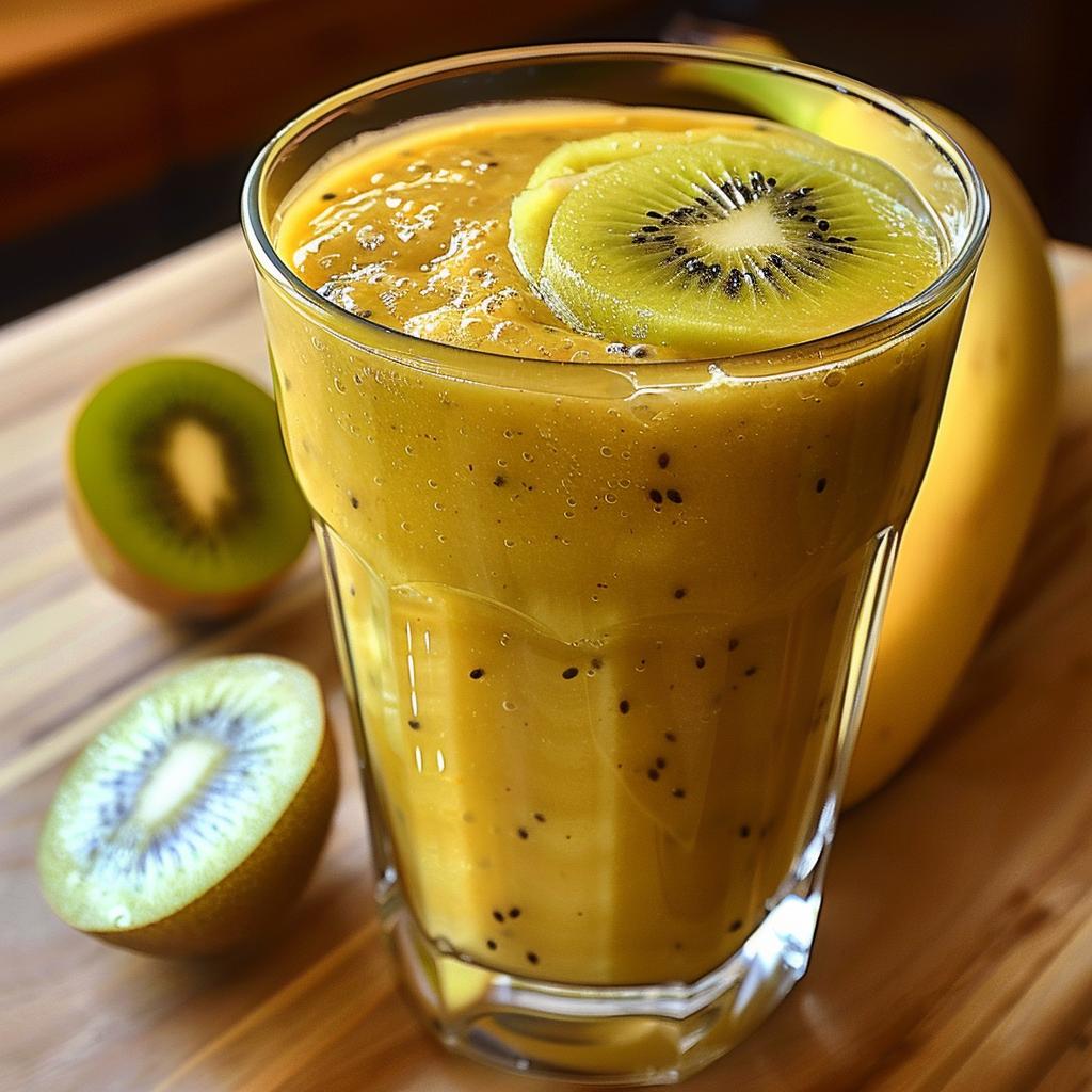 A tall glass brimming with the vibrant, sunshine-yellow Gold Kiwi Quencher is garnished with a zesty slice of kiwi on top. In the background, our refreshing Gold Kiwi Quencher is crafted from luscious halves of fresh gold kiwi and a whole banana, all resting on an earthy wooden surface. Bursting with goodness, this drink embodies the perfect harmony of health benefits and freshness that Zestful Blends is renowned for. Enjoy nature’s finest in every sip while celebrating our commitment to eco-friendly practices. A tall glass brimming with the vibrant, sunshine-yellow Gold Kiwi Quencher is garnished with a zesty slice of kiwi on top. In the background, our refreshing Gold Kiwi Quencher is crafted from luscious halves of fresh gold kiwi and a whole banana, all resting on an earthy wooden surface. Bursting with goodness, this drink embodies the perfect harmony of health benefits and freshness that Zestful Blends is renowned for. Enjoy nature’s finest in every sip while celebrating our commitment to eco-friendly practices.
