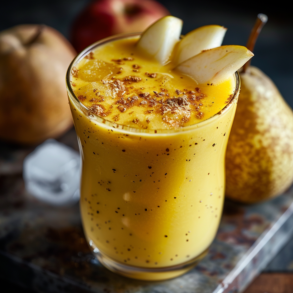 A vibrant yellow smoothie in a glass, garnished with fresh pear slices and sprinkled with fragrant spices. Our Golden Gala Refresher is bursting with goodness against a dark backdrop, complemented by blurred pears, a red apple, and an ice cube in the background. This delightfully refreshing treat embodies the cozy, rustic essence of Zestful Blends while delivering a powerhouse of health benefits. Enjoy our eco-friendly commitment through every sip! A vibrant yellow smoothie in a glass, garnished with fresh pear slices and sprinkled with fragrant spices. Our Golden Gala Refresher is bursting with goodness against a dark backdrop, complemented by blurred pears, a red apple, and an ice cube in the background. This delightfully refreshing treat embodies the cozy, rustic essence of Zestful Blends while delivering a powerhouse of health benefits. Enjoy our eco-friendly commitment through every sip!
