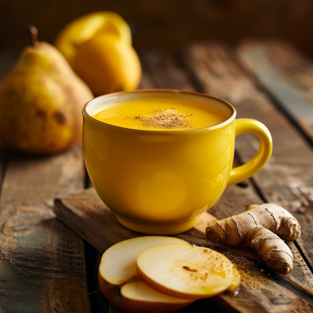 A warm yellow cup brimming with frothy Golden Gala Refresher takes center stage on a rustic wooden surface. Surrounding the cup are vibrant fresh ginger roots, juicy sliced pears, a whole pear, and a partially sliced apple, crafting an inviting symphony of flavors. Each element in this scene embodies the freshness and vitality Zestful Blends is known for—bursting with goodness to nourish your body and delight your taste buds. Our products emphasize health benefits while embracing eco-friendly practices, ensuring you enjoy every sip guilt-free. A warm yellow cup brimming with frothy Golden Gala Refresher takes center stage on a rustic wooden surface. Surrounding the cup are vibrant fresh ginger roots, juicy sliced pears, a whole pear, and a partially sliced apple, crafting an inviting symphony of flavors. Each element in this scene embodies the freshness and vitality Zestful Blends is known for—bursting with goodness to nourish your body and delight your taste buds. Our products emphasize health benefits while embracing eco-friendly practices, ensuring you enjoy every sip guilt-free.