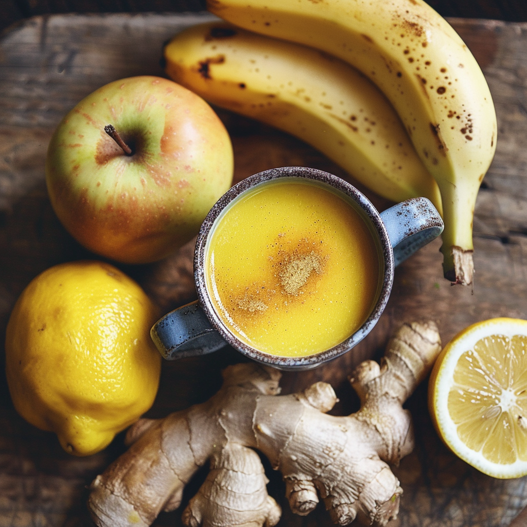 A rustic wooden surface enhances the beauty of a charming blue-handle mug brimming with our Golden Ginger Harmony, bursting with goodness and garnished with a sprinkle of cinnamon. Surrounding this wholesome delight are vibrant apples in red and green, two creamy bananas, a zesty lemon half alongside a whole lemon, and a piece of fresh ginger that elevates the symphony of flavors. Each ingredient embodies Zestful Blends' commitment to freshness and vitality, making every sip an invigorating boost for your day. All our products celebrate nature's bounty while prioritizing eco-friendly practices for a healthier planet. A rustic wooden surface enhances the beauty of a charming blue-handle mug brimming with our Golden Ginger Harmony, bursting with goodness and garnished with a sprinkle of cinnamon. Surrounding this wholesome delight are vibrant apples in red and green, two creamy bananas, a zesty lemon half alongside a whole lemon, and a piece of fresh ginger that elevates the symphony of flavors. Each ingredient embodies Zestful Blends' commitment to freshness and vitality, making every sip an invigorating boost for your day. All our products celebrate nature's bounty while prioritizing eco-friendly practices for a healthier planet.