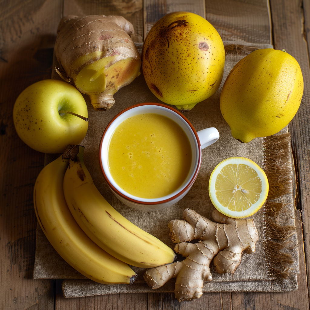 A cup of Golden Ginger Harmony stands proudly on a rustic wooden table, exuding vibrancy and wellness. Encircled by fresh bananas, zesty lemon halves, crisp apples, aromatic ginger, and sunny lemons, this smoothie truly embodies nature’s bounty. The creamy concoction is beautifully served in a white cup with a striking red rim, nestled on an eco-friendly burlap cloth. Bursting with goodness, each sip offers invigorating health benefits and unparalleled freshness—a true testament to Zestful Blends’ commitment to nutritious delights and sustainable practices. A cup of Golden Ginger Harmony stands proudly on a rustic wooden table, exuding vibrancy and wellness. Encircled by fresh bananas, zesty lemon halves, crisp apples, aromatic ginger, and sunny lemons, this smoothie truly embodies nature’s bounty. The creamy concoction is beautifully served in a white cup with a striking red rim, nestled on an eco-friendly burlap cloth. Bursting with goodness, each sip offers invigorating health benefits and unparalleled freshness—a true testament to Zestful Blends’ commitment to nutritious delights and sustainable practices.