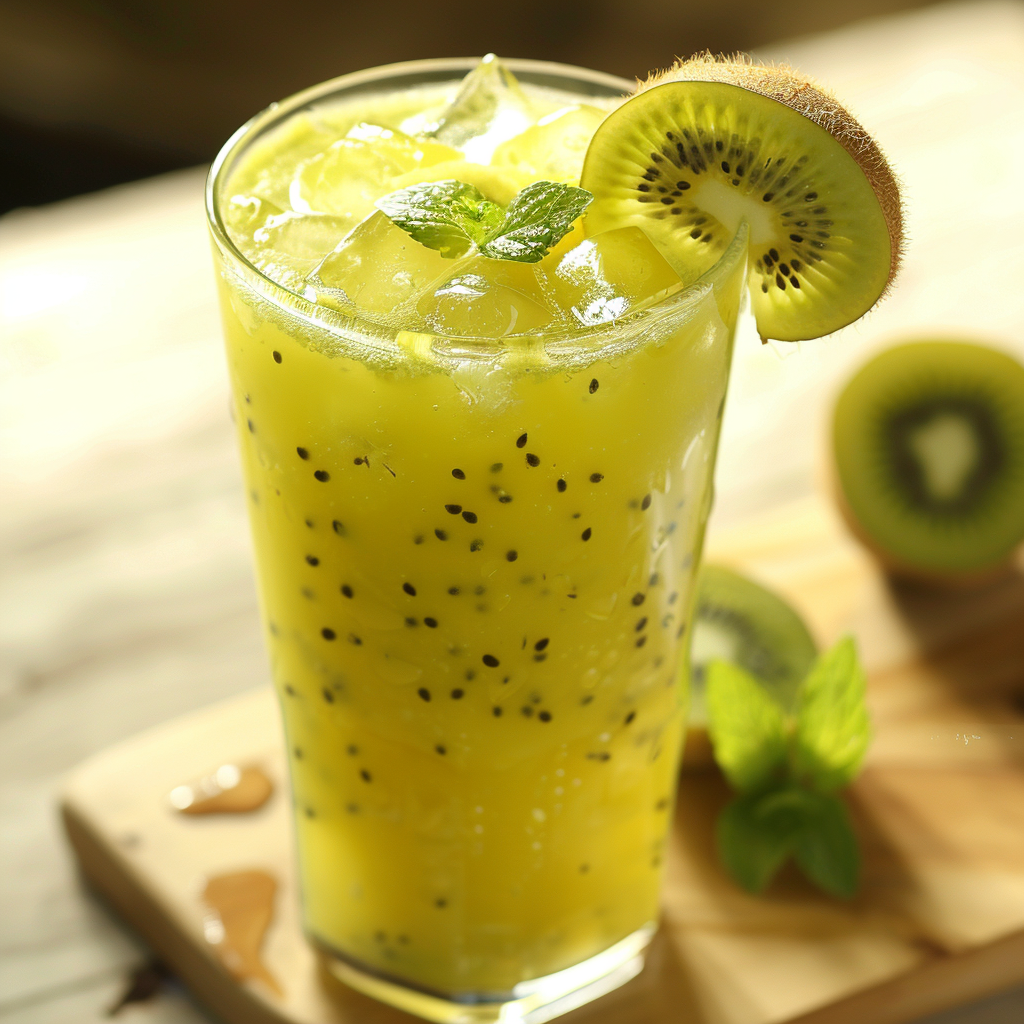 A tall glass brimming with our vibrant Golden Kiwi Kick, garnished with a fresh kiwi slice and mint leaves, promises a burst of goodness in every sip. Discover the refreshing combination of juicy golden kiwis and crisp mint, perfectly chilled with ice cubes for an invigorating treat. In the background, whole kiwis and sprigs of fragrant mint rest on an eco-friendly wooden surface, highlighting Zestful Blends' commitment to freshness and sustainability. This delightful drink is not just a treat for your taste buds but also a celebration of health and vitality! A tall glass brimming with our vibrant Golden Kiwi Kick, garnished with a fresh kiwi slice and mint leaves, promises a burst of goodness in every sip. Discover the refreshing combination of juicy golden kiwis and crisp mint, perfectly chilled with ice cubes for an invigorating treat. In the background, whole kiwis and sprigs of fragrant mint rest on an eco-friendly wooden surface, highlighting Zestful Blends' commitment to freshness and sustainability. This delightful drink is not just a treat for your taste buds but also a celebration of health and vitality!