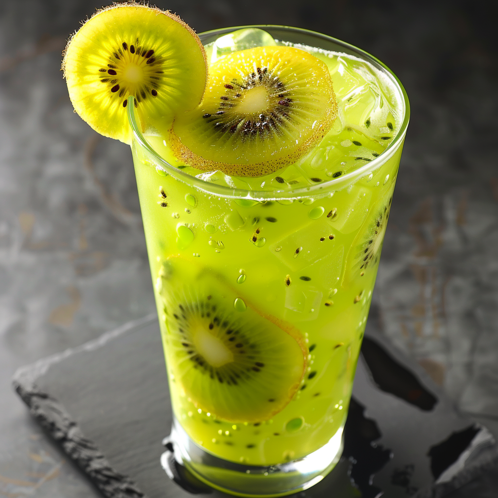 Indulge in the vibrant freshness of our Golden Kiwi Kick! This tall glass is brimming with a refreshing green kiwi drink, artfully garnished with kiwi slices and packed with ice cubes. Bursting with goodness, this invigorating beverage showcases the natural vitality of our top-tier ingredients. Set against a dark, textured backdrop, the bright green hue pops, echoing Zestful Blends’ commitment to health and sustainability. Savor the zest of wellness in every sip while appreciating our eco-friendly practices that ensure each drink is as kind to the earth as it is to you! Indulge in the vibrant freshness of our Golden Kiwi Kick! This tall glass is brimming with a refreshing green kiwi drink, artfully garnished with kiwi slices and packed with ice cubes. Bursting with goodness, this invigorating beverage showcases the natural vitality of our top-tier ingredients. Set against a dark, textured backdrop, the bright green hue pops, echoing Zestful Blends’ commitment to health and sustainability. Savor the zest of wellness in every sip while appreciating our eco-friendly practices that ensure each drink is as kind to the earth as it is to you!