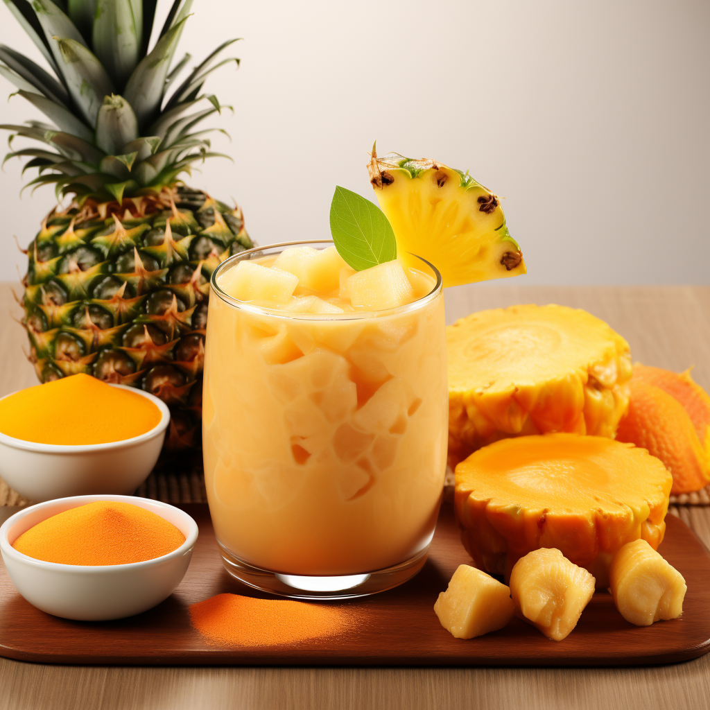 Experience a burst of goodness with our Golden Pineapple Zing smoothie, served chilled and garnished with a fresh pineapple slice and vibrant green leaf. This refreshing delight sits amidst an array of wholesome pineapples, succulent pineapple slices, and energizing orange powder — all beautifully displayed on an eco-friendly wooden surface. At Zestful Blends, our products are not just nourishing; they’re crafted for freshness and packed with health benefits. Dive into the vibrant world of fruit salads, juices, snacks, smoothies, whole fruit packs, and desserts that are as kind to the planet as they are to your body! Experience a burst of goodness with our Golden Pineapple Zing smoothie, served chilled and garnished with a fresh pineapple slice and vibrant green leaf. This refreshing delight sits amidst an array of wholesome pineapples, succulent pineapple slices, and energizing orange powder — all beautifully displayed on an eco-friendly wooden surface. At Zestful Blends, our products are not just nourishing; they’re crafted for freshness and packed with health benefits. Dive into the vibrant world of fruit salads, juices, snacks, smoothies, whole fruit packs, and desserts that are as kind to the planet as they are to your body!