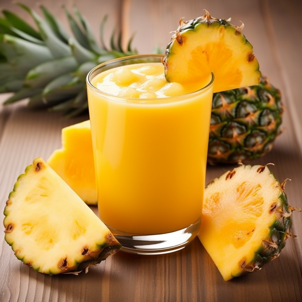A glass brimming with our Golden Pineapple Zing juice, crowned with tantalizing pineapple chunks. The vibrant display of golden pineapple slices and chunks around the glass, accompanied by a whole pineapple in the background, showcases the tropical freshness bursting with goodness. Every sip of this invigorating juice is a step toward better health. Our eco-friendly practices ensure you enjoy nature’s finest while supporting sustainability. A glass brimming with our Golden Pineapple Zing juice, crowned with tantalizing pineapple chunks. The vibrant display of golden pineapple slices and chunks around the glass, accompanied by a whole pineapple in the background, showcases the tropical freshness bursting with goodness. Every sip of this invigorating juice is a step toward better health. Our eco-friendly practices ensure you enjoy nature’s finest while supporting sustainability.