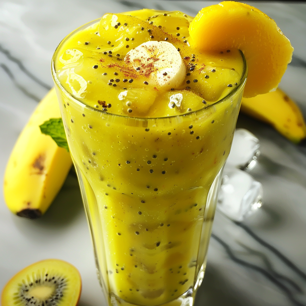 Indulge in the vibrant, health-boosting delight of our Golden Sunrise Smoothie, served in a tall glass and adorned with a fresh banana slice and a dash of cinnamon. This refreshing blend is bursting with goodness, set against a backdrop of whole bananas, sliced kiwi, and crisp ice cubes on an elegant marble surface. Taste the Zestful Blends difference—where every sip is packed with nature’s freshest ingredients and eco-friendly care. Indulge in the vibrant, health-boosting delight of our Golden Sunrise Smoothie, served in a tall glass and adorned with a fresh banana slice and a dash of cinnamon. This refreshing blend is bursting with goodness, set against a backdrop of whole bananas, sliced kiwi, and crisp ice cubes on an elegant marble surface. Taste the Zestful Blends difference—where every sip is packed with nature’s freshest ingredients and eco-friendly care.