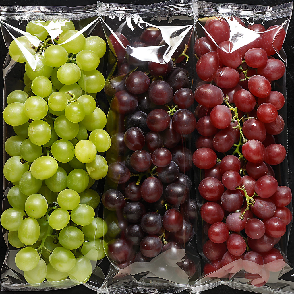 A close-up image showcases three vibrant clusters of grapes, each bursting with goodness in transparent, eco-friendly bags. From left to right, the clusters feature juicy green grapes, rich black grapes, and succulent red grapes. Neatly arranged side by side against a sleek black background, they exemplify Zestful Blends’ commitment to freshness and health. This display not only highlights the natural beauty and variety of our premium fruit packs but also reflects our dedication to sustainable packaging solutions. A close-up image showcases three vibrant clusters of grapes, each bursting with goodness in transparent, eco-friendly bags. From left to right, the clusters feature juicy green grapes, rich black grapes, and succulent red grapes. Neatly arranged side by side against a sleek black background, they exemplify Zestful Blends’ commitment to freshness and health. This display not only highlights the natural beauty and variety of our premium fruit packs but also reflects our dedication to sustainable packaging solutions.