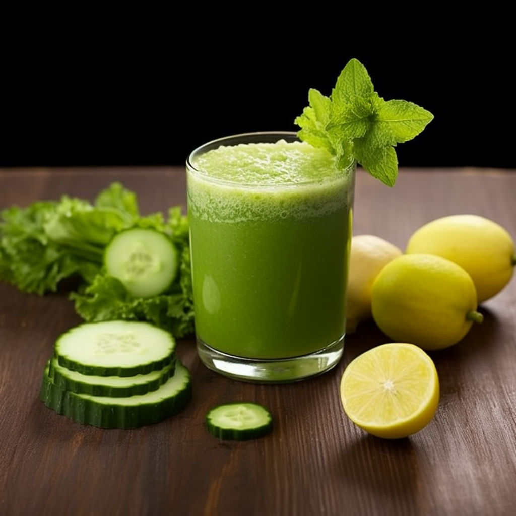 A glass of our vibrant Green Apple Ginger Twist, garnished with a refreshing sprig of fresh mint, takes center stage. Surrounding it are crisp cucumber slices, leafy greens, juicy green apple slices, and zesty yellow lemons—all bursting with goodness. Set against a dark backdrop on an eco-friendly wooden table, this scene is an invitation to indulge in the health benefits and refreshing flavors Zestful Blends has to offer. Enjoy the ultimate freshness and vitality in every sip! A glass of our vibrant Green Apple Ginger Twist, garnished with a refreshing sprig of fresh mint, takes center stage. Surrounding it are crisp cucumber slices, leafy greens, juicy green apple slices, and zesty yellow lemons—all bursting with goodness. Set against a dark backdrop on an eco-friendly wooden table, this scene is an invitation to indulge in the health benefits and refreshing flavors Zestful Blends has to offer. Enjoy the ultimate freshness and vitality in every sip!
