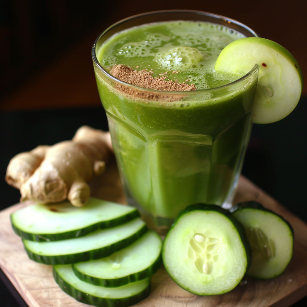 A vibrant Green Ginger Glow Smoothie in a sleek glass, bursting with goodness and garnished with an inviting slice of cucumber on the rim. This refreshing drink is paired perfectly with crisp sliced cucumbers and a fresh piece of ginger, artfully presented on a rustic wooden board. Topped with a dash of cinnamon for an extra zing, this smoothie embodies Zestful Blends' commitment to health, freshness, and eco-friendly elegance. A vibrant Green Ginger Glow Smoothie in a sleek glass, bursting with goodness and garnished with an inviting slice of cucumber on the rim. This refreshing drink is paired perfectly with crisp sliced cucumbers and a fresh piece of ginger, artfully presented on a rustic wooden board. Topped with a dash of cinnamon for an extra zing, this smoothie embodies Zestful Blends' commitment to health, freshness, and eco-friendly elegance.
