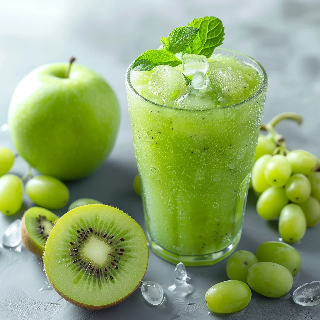 Dive into the invigorating freshness of our Green Grape Glacier, bursting with goodness in every sip. This vibrant drink, garnished with crisp mint leaves and chilled to perfection with ice cubes, is a symphony of health benefits. Surrounding the exquisite glass are plump, juicy grapes, a whole green apple radiating vitality, and slices of luscious kiwi—each piece glistening with refreshing water droplets that evoke a cool glacier morning. Indulge in our array of wholesome offerings at Zestful Blends where purity meets flavor in every creation—whether it’s our delectable fruit salads, revitalizing juices, nourishing snacks, creamy smoothies, whole fruit packs brimming with freshness or delectable desserts crafted to energize your day. Embrace wellness naturally while being eco-conscious; savor the zest and align your lifestyle with nature's bounty! Dive into the invigorating freshness of our Green Grape Glacier, bursting with goodness in every sip. This vibrant drink, garnished with crisp mint leaves and chilled to perfection with ice cubes, is a symphony of health benefits. Surrounding the exquisite glass are plump, juicy grapes, a whole green apple radiating vitality, and slices of luscious kiwi—each piece glistening with refreshing water droplets that evoke a cool glacier morning. Indulge in our array of wholesome offerings at Zestful Blends where purity meets flavor in every creation—whether it’s our delectable fruit salads, revitalizing juices, nourishing snacks, creamy smoothies, whole fruit packs brimming with freshness or delectable desserts crafted to energize your day. Embrace wellness naturally while being eco-conscious; savor the zest and align your lifestyle with nature's bounty!