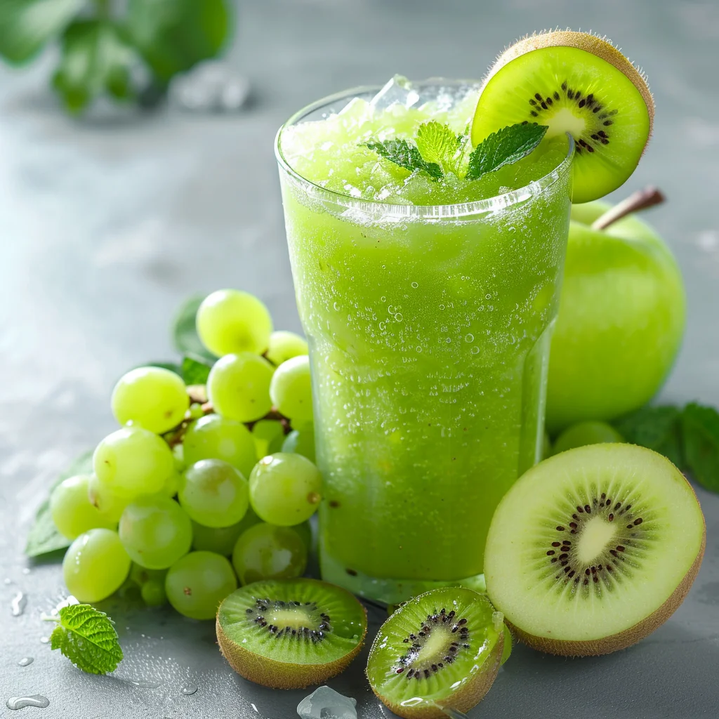 Behold the Green Grape Glacier, a tall glass brimming with rejuvenation and bursting with goodness! This refreshing delight is as cool as a glacier, topped off with fresh mint leaves and a vibrant slice of kiwi on the rim. Surrounding this invigorating blend are lush green grapes, juicy kiwis, and a crisp green apple—each one handpicked to ensure peak freshness. Scattered ice cubes hint at the icy refreshment awaiting your taste buds. At Zestful Blends, we champion health and vitality through our array of fruit salads, juices, snacks, smoothies, whole fruit packs, and tantalizing desserts—all crafted with eco-friendly passion for your zestful lifestyle. Behold the Green Grape Glacier, a tall glass brimming with rejuvenation and bursting with goodness! This refreshing delight is as cool as a glacier, topped off with fresh mint leaves and a vibrant slice of kiwi on the rim. Surrounding this invigorating blend are lush green grapes, juicy kiwis, and a crisp green apple—each one handpicked to ensure peak freshness. Scattered ice cubes hint at the icy refreshment awaiting your taste buds. At Zestful Blends, we champion health and vitality through our array of fruit salads, juices, snacks, smoothies, whole fruit packs, and tantalizing desserts—all crafted with eco-friendly passion for your zestful lifestyle.