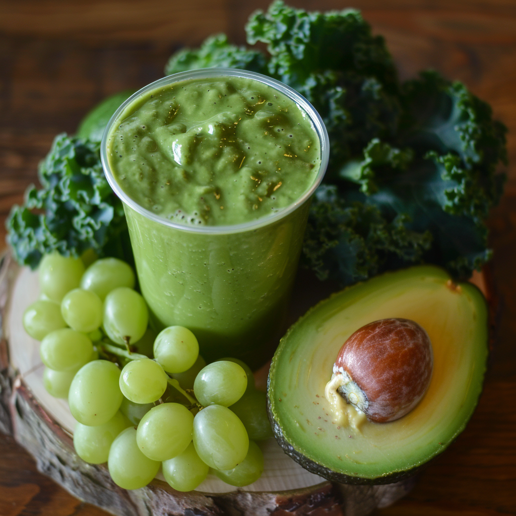 Discover the vibrant health benefits with Zestful Blends' Green Grape Oasis Smoothie! Bursting with goodness, this refreshing blend features fresh green grapes, creamy avocado, and nutrient-packed curly kale. Served in an eco-friendly cup and perfectly matching the lively green of its wholesome ingredients laid out on a rustic wooden surface. Indulge in the zest of pure wellness with every sip. Discover the vibrant health benefits with Zestful Blends' Green Grape Oasis Smoothie! Bursting with goodness, this refreshing blend features fresh green grapes, creamy avocado, and nutrient-packed curly kale. Served in an eco-friendly cup and perfectly matching the lively green of its wholesome ingredients laid out on a rustic wooden surface. Indulge in the zest of pure wellness with every sip.