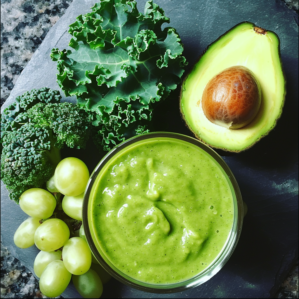 A vibrant Green Grape Oasis Smoothie sits in a glass bowl on a sleek slate surface, exuding healthful radiance and eco-friendly charm. Surrounding the smoothie are fresh ingredients that reflect its bursting vitality: an open avocado with its pit, a bunch of juicy green grapes, crisp kale leaves, and nutrient-packed broccoli florets. Experience the zestful blend of nature’s finest with every sip—pure freshness and wellness in one delightful treat. A vibrant Green Grape Oasis Smoothie sits in a glass bowl on a sleek slate surface, exuding healthful radiance and eco-friendly charm. Surrounding the smoothie are fresh ingredients that reflect its bursting vitality: an open avocado with its pit, a bunch of juicy green grapes, crisp kale leaves, and nutrient-packed broccoli florets. Experience the zestful blend of nature’s finest with every sip—pure freshness and wellness in one delightful treat.