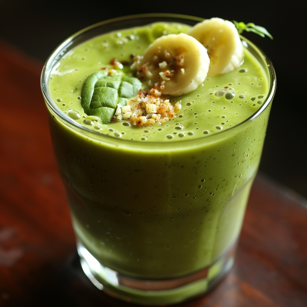 Experience the invigorating burst of freshness with our Green Guava Glow Smoothie! This vibrant blend, presented in a clear glass and artfully garnished with banana slices, crisp spinach leaves, and a sprinkle of crunchy crushed nuts, is your ticket to wellness. Rich in antioxidants and nutrients, every sip promises to rejuvenate. Set against an elegant dark wooden backdrop, this smoothie embodies Zestful Blends’ commitment to health and vitality. Our eco-friendly approach ensures you receive pure goodness in every delicious serving. Dive into the ultimate refreshment today! Experience the invigorating burst of freshness with our Green Guava Glow Smoothie! This vibrant blend, presented in a clear glass and artfully garnished with banana slices, crisp spinach leaves, and a sprinkle of crunchy crushed nuts, is your ticket to wellness. Rich in antioxidants and nutrients, every sip promises to rejuvenate. Set against an elegant dark wooden backdrop, this smoothie embodies Zestful Blends’ commitment to health and vitality. Our eco-friendly approach ensures you receive pure goodness in every delicious serving. Dive into the ultimate refreshment today!