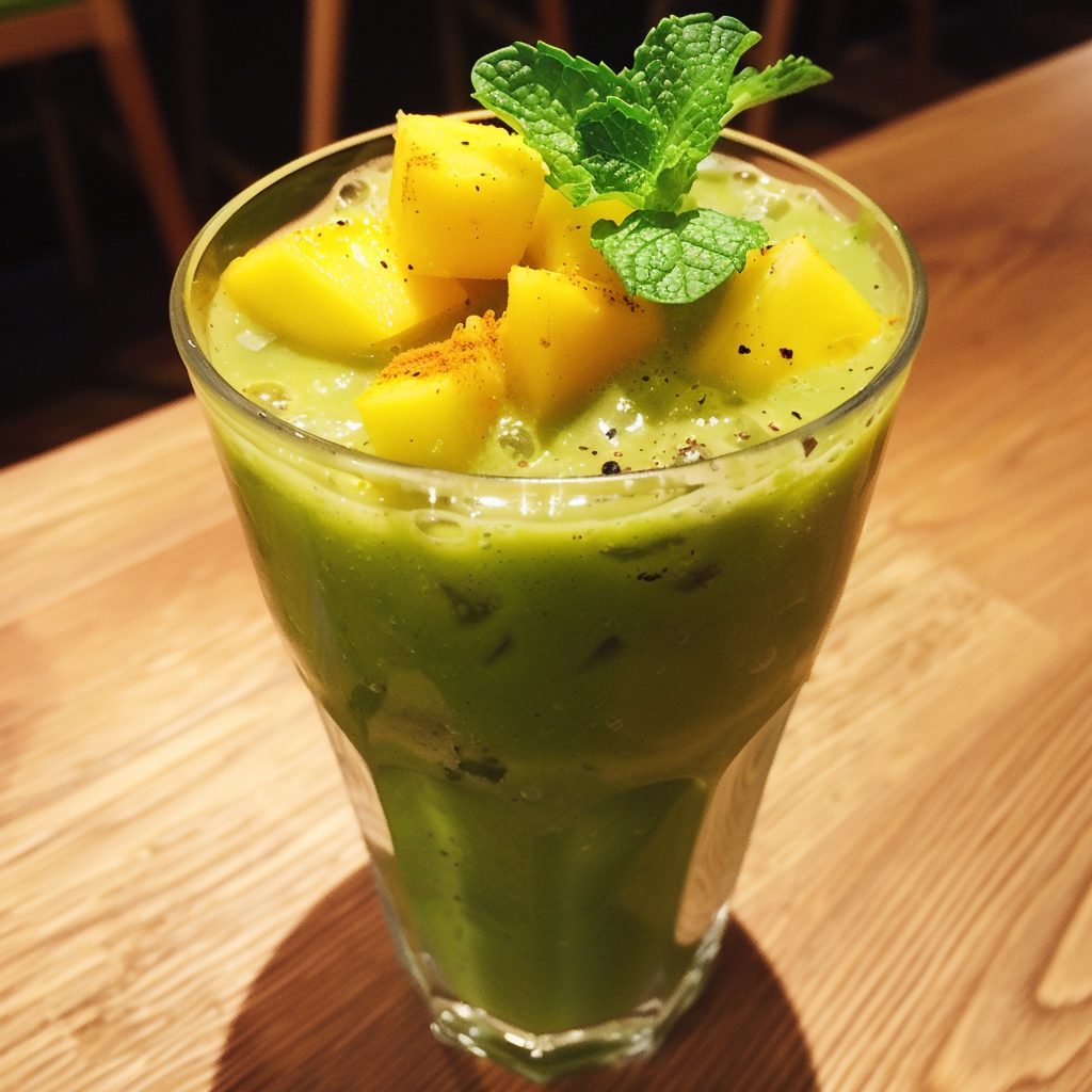 A tall glass of our Green Tea Tropical Twist Smoothie, bursting with goodness, is crowned with luscious mango chunks and a vibrant sprig of mint. Nestled on a rustic wooden table, this thick and creamy smoothie dazzles with visible specks of seasoning, promising a refreshing and health-boosting experience. Every sip celebrates the fresh, natural ingredients that define Zestful Blends. Indulge in our eco-friendly commitment to wellness with this revitalizing treat! A tall glass of our Green Tea Tropical Twist Smoothie, bursting with goodness, is crowned with luscious mango chunks and a vibrant sprig of mint. Nestled on a rustic wooden table, this thick and creamy smoothie dazzles with visible specks of seasoning, promising a refreshing and health-boosting experience. Every sip celebrates the fresh, natural ingredients that define Zestful Blends. Indulge in our eco-friendly commitment to wellness with this revitalizing treat!