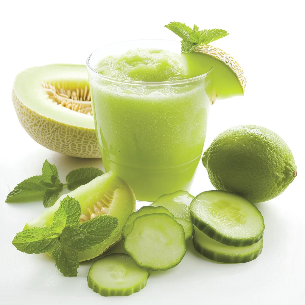 Indulge in the vibrant flavors of Zestful Blends with our refreshing Honeydew Mint Medley! This delightful beverage, bursting with goodness, features a perfect blend of honeydew and mint, beautifully presented in a crystal-clear glass. Garnished with a succulent slice of honeydew and a fresh sprig of mint, every sip promises rejuvenation. Surrounding the beverage are halved melons, zesty limes, crisp cucumber slices, sweet melon wedges, and aromatic mint leavesβall artfully arranged on a pure white backdrop. Our commitment to health benefits and unmatched freshness shines through in this exquisite creation. Enjoy our eco-friendly approach while treating yourself to natureβs finest ingredients! Indulge in the vibrant flavors of Zestful Blends with our refreshing Honeydew Mint Medley! This delightful beverage, bursting with goodness, features a perfect blend of honeydew and mint, beautifully presented in a crystal-clear glass. Garnished with a succulent slice of honeydew and a fresh sprig of mint, every sip promises rejuvenation. Surrounding the beverage are halved melons, zesty limes, crisp cucumber slices, sweet melon wedges, and aromatic mint leavesβall artfully arranged on a pure white backdrop. Our commitment to health benefits and unmatched freshness shines through in this exquisite creation. Enjoy our eco-friendly approach while treating yourself to natureβs finest ingredients!