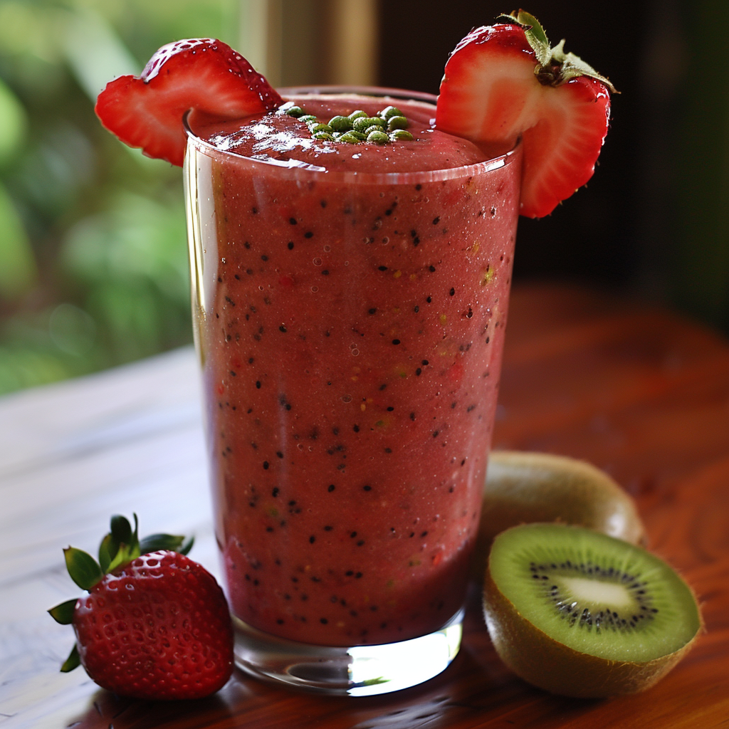 A tall glass of our vibrant Kiwi Berry Fusion Smoothie, bursting with goodness and garnished with fresh strawberry slices and plump green berries. Alongside, you'll find two whole strawberries and a halved kiwi, radiating freshness on a rustic wooden surface. The blurred green backdrop perfectly highlights the refreshing allure of this nutritious delight from Zestful Blends. Eco-friendly and packed with health benefits, enjoy every sip knowing you’re choosing a better future for yourself and the planet. A tall glass of our vibrant Kiwi Berry Fusion Smoothie, bursting with goodness and garnished with fresh strawberry slices and plump green berries. Alongside, you'll find two whole strawberries and a halved kiwi, radiating freshness on a rustic wooden surface. The blurred green backdrop perfectly highlights the refreshing allure of this nutritious delight from Zestful Blends. Eco-friendly and packed with health benefits, enjoy every sip knowing you’re choosing a better future for yourself and the planet.
