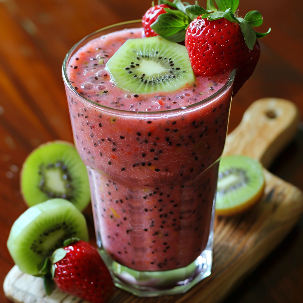 A tall glass of Kiwi Berry Fusion Smoothie rests proudly on a wooden board, bursting with goodness and garnished with a delicate slice of kiwi and a plump berry. Fresh kiwi slices and strawberries surround the glass, celebrating the vibrant pink hue and visible seeds that hint at its refreshing zest. Each sip is a taste of pure freshness, blending health benefits into every drop. At Zestful Blends, we’re committed to delivering top-quality products that are as kind to your body as they are to our planet. A tall glass of Kiwi Berry Fusion Smoothie rests proudly on a wooden board, bursting with goodness and garnished with a delicate slice of kiwi and a plump berry. Fresh kiwi slices and strawberries surround the glass, celebrating the vibrant pink hue and visible seeds that hint at its refreshing zest. Each sip is a taste of pure freshness, blending health benefits into every drop. At Zestful Blends, we’re committed to delivering top-quality products that are as kind to your body as they are to our planet.