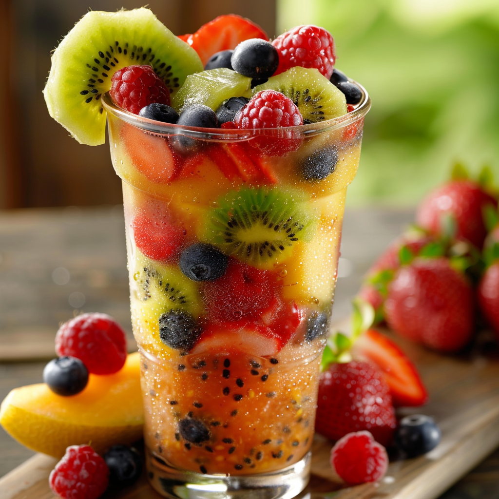 A vibrant Kiwi Berry Twist in a crystal-clear glass, bursting with goodness and layered with fresh slices of kiwi, strawberries, mango, blueberries, and raspberries. Perched on a rustic wooden table adorned with scattered berries for an extra burst of delight. The softly blurred green background enhances the scene’s freshness and vitality. Our eco-friendly glassware complements the natural allure of this wholesome treat from Zestful Blends—a perfect harmony of health benefits and refreshing flavors! A vibrant Kiwi Berry Twist in a crystal-clear glass, bursting with goodness and layered with fresh slices of kiwi, strawberries, mango, blueberries, and raspberries. Perched on a rustic wooden table adorned with scattered berries for an extra burst of delight. The softly blurred green background enhances the scene’s freshness and vitality. Our eco-friendly glassware complements the natural allure of this wholesome treat from Zestful Blends—a perfect harmony of health benefits and refreshing flavors!