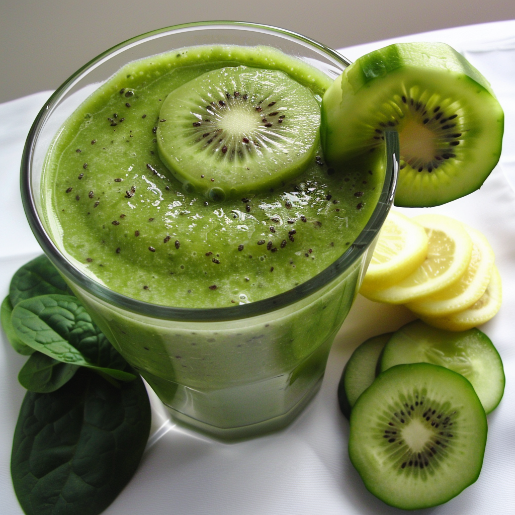 Experience the vibrant energy of Zestful Blends with our Kiwi Cucumber Cleanse Smoothie! This invigorating blend, bursting with goodness, is garnished with a fresh kiwi slice and packed with visible kiwi seeds. Around this refreshing glass, you’ll find garden-fresh spinach leaves, crisp cucumber slices, a luscious green kiwi half, and a sprinkle of dazzling yellow fruit slices—all arranged on a pristine white canvas. Embrace the ultimate in health benefits and freshness while knowing you’re savoring eco-friendly goodness. Whether it’s fruit salads, juices, snacks, smoothies, whole fruit packs or delectable desserts—Zestful Blends brings you nature’s best! Experience the vibrant energy of Zestful Blends with our Kiwi Cucumber Cleanse Smoothie! This invigorating blend, bursting with goodness, is garnished with a fresh kiwi slice and packed with visible kiwi seeds. Around this refreshing glass, you’ll find garden-fresh spinach leaves, crisp cucumber slices, a luscious green kiwi half, and a sprinkle of dazzling yellow fruit slices—all arranged on a pristine white canvas. Embrace the ultimate in health benefits and freshness while knowing you’re savoring eco-friendly goodness. Whether it’s fruit salads, juices, snacks, smoothies, whole fruit packs or delectable desserts—Zestful Blends brings you nature’s best!