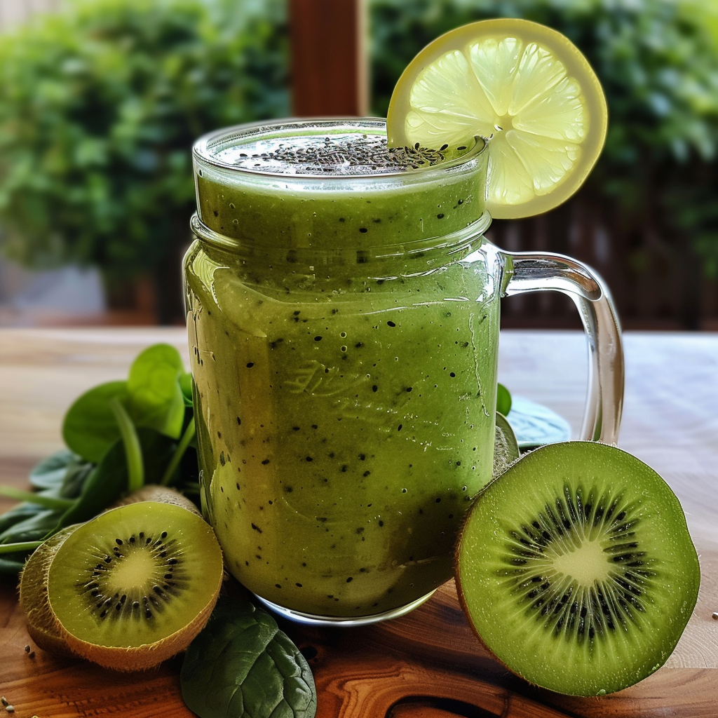 Indulge in the Kiwi Cucumber Cleanse Smoothie, a refreshing blend bursting with goodness! This vibrant glass jar is brimming with nature's best—enriched with visible kiwi seeds and crisp cucumber undertones. Garnished with a zesty slice of lemon, this smoothie is surrounded by fresh, juicy kiwis and nutrient-packed spinach leaves. Embrace the lush greenery of the outdoors as you sip on this revitalizing drink, knowing Zestful Blends crafts each product for maximum health benefits and freshness. Savor our eco-friendly commitment while enjoying a delicious boost to your wellness journey! Indulge in the Kiwi Cucumber Cleanse Smoothie, a refreshing blend bursting with goodness! This vibrant glass jar is brimming with nature's best—enriched with visible kiwi seeds and crisp cucumber undertones. Garnished with a zesty slice of lemon, this smoothie is surrounded by fresh, juicy kiwis and nutrient-packed spinach leaves. Embrace the lush greenery of the outdoors as you sip on this revitalizing drink, knowing Zestful Blends crafts each product for maximum health benefits and freshness. Savor our eco-friendly commitment while enjoying a delicious boost to your wellness journey!