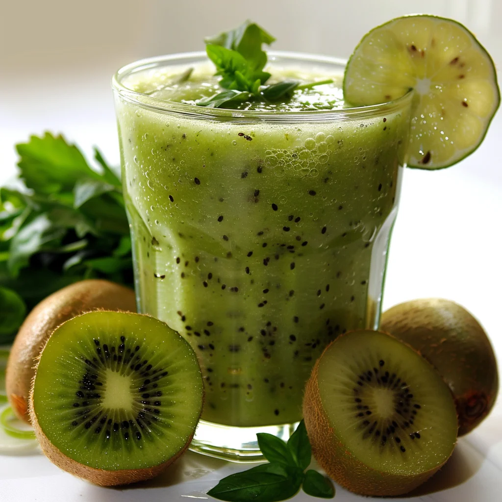 A glass of creamy green Kiwi Herb Essence Smoothie, artfully garnished with a vibrant kiwi slice and fresh basil leaf. It’s surrounded by both whole and sliced kiwis, accompanied by an array of fresh green herbs in the background. Bursting with goodness, this smoothie is rich in natural vitamins and textures from kiwi seeds, promoting health in every sip. At Zestful Blends, our products showcase unparalleled freshness and commitment to eco-friendly practices – perfect for a revitalizing start to your day! A glass of creamy green Kiwi Herb Essence Smoothie, artfully garnished with a vibrant kiwi slice and fresh basil leaf. It’s surrounded by both whole and sliced kiwis, accompanied by an array of fresh green herbs in the background. Bursting with goodness, this smoothie is rich in natural vitamins and textures from kiwi seeds, promoting health in every sip. At Zestful Blends, our products showcase unparalleled freshness and commitment to eco-friendly practices – perfect for a revitalizing start to your day!