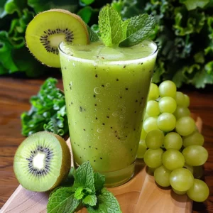 A Kiwi Kale Cooler artfully garnished with a kiwi slice and fresh mint leaves. Surrounding the glass are juicy green grapes, whole and sliced kiwis, and extra sprigs of mint, all set against a lush backdrop of vibrant kale greens. This refreshing drink is bursting with goodness, offering an invigorating blend that celebrates health and freshness in every sip. Enjoy the pure vitality of nature’s best ingredients delivered sustainably for a brighter, zestful life!