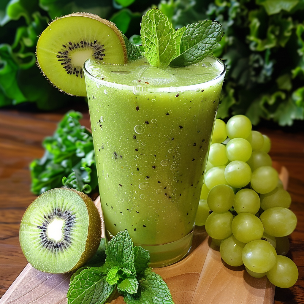 A Kiwi Kale Cooler artfully garnished with a kiwi slice and fresh mint leaves. Surrounding the glass are juicy green grapes, whole and sliced kiwis, and extra sprigs of mint, all set against a lush backdrop of vibrant kale greens. This refreshing drink is bursting with goodness, offering an invigorating blend that celebrates health and freshness in every sip. Enjoy the pure vitality of nature’s best ingredients delivered sustainably for a brighter, zestful life! A Kiwi Kale Cooler artfully garnished with a kiwi slice and fresh mint leaves. Surrounding the glass are juicy green grapes, whole and sliced kiwis, and extra sprigs of mint, all set against a lush backdrop of vibrant kale greens. This refreshing drink is bursting with goodness, offering an invigorating blend that celebrates health and freshness in every sip. Enjoy the pure vitality of nature’s best ingredients delivered sustainably for a brighter, zestful life!