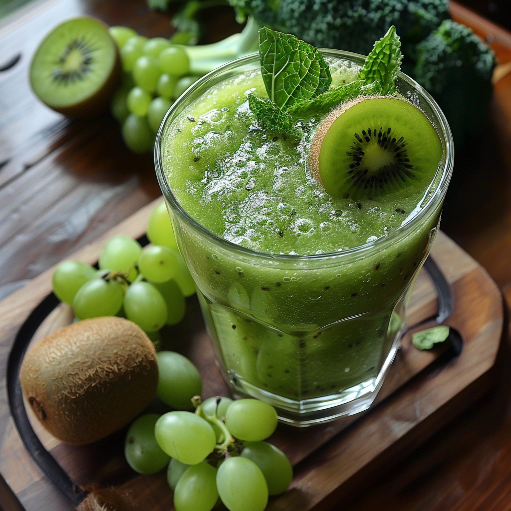 Experience a Zestful Blends masterpiece: our revitalizing Kiwi Kale Cooler, garnished with a vibrant kiwi slice and sprigs of fresh mint. Surrounding this invigorating beverage are whole kiwis, luscious green grapes, and crisp leafy kale, artfully arranged on a rustic wooden board. Bursting with goodness, this cooler is your perfect companion for an energizing boost. Dive into the freshness of nature’s best ingredients and rejuvenate your day with every sip. Our commitment to health and eco-friendly practices ensures that each product contributes to your wellness journey in the most sustainable way possible. Experience a Zestful Blends masterpiece: our revitalizing Kiwi Kale Cooler, garnished with a vibrant kiwi slice and sprigs of fresh mint. Surrounding this invigorating beverage are whole kiwis, luscious green grapes, and crisp leafy kale, artfully arranged on a rustic wooden board. Bursting with goodness, this cooler is your perfect companion for an energizing boost. Dive into the freshness of nature’s best ingredients and rejuvenate your day with every sip. Our commitment to health and eco-friendly practices ensures that each product contributes to your wellness journey in the most sustainable way possible.