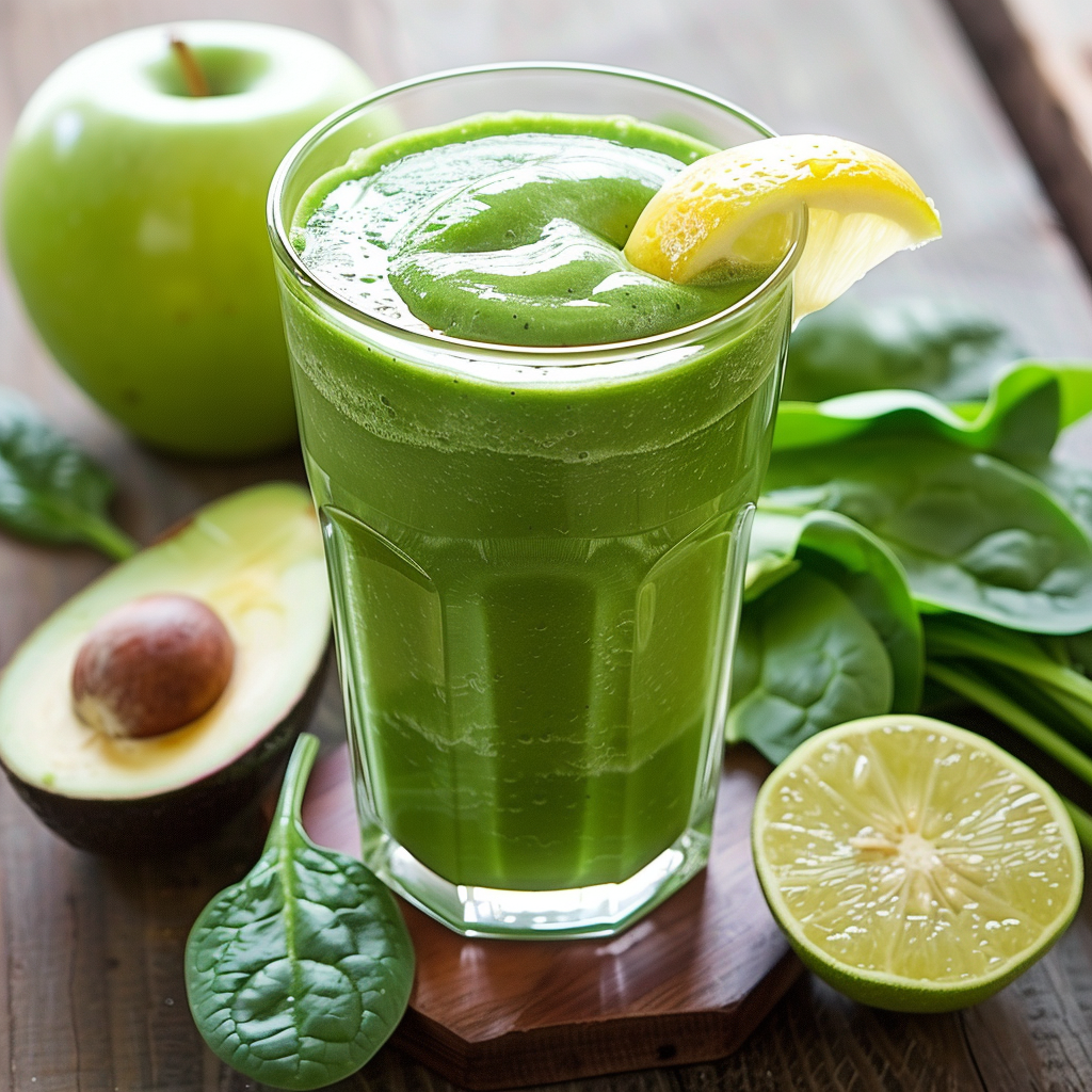 A refreshing Lean Green Machine Smoothie in a tall glass, garnished with a vibrant lemon wedge. Surrounding the smoothie are fresh, wholesome ingredients bursting with goodness: a crisp green apple, creamy avocado halves, nutrient-rich spinach leaves, and zesty sliced lime—all elegantly displayed on a natural wooden surface. At Zestful Blends, we take pride in offering health-boosting products made from the freshest ingredients. Enjoy the perfect blend of taste and vitality while supporting eco-friendly choices for your well-being! A refreshing Lean Green Machine Smoothie in a tall glass, garnished with a vibrant lemon wedge. Surrounding the smoothie are fresh, wholesome ingredients bursting with goodness: a crisp green apple, creamy avocado halves, nutrient-rich spinach leaves, and zesty sliced lime—all elegantly displayed on a natural wooden surface. At Zestful Blends, we take pride in offering health-boosting products made from the freshest ingredients. Enjoy the perfect blend of taste and vitality while supporting eco-friendly choices for your well-being!