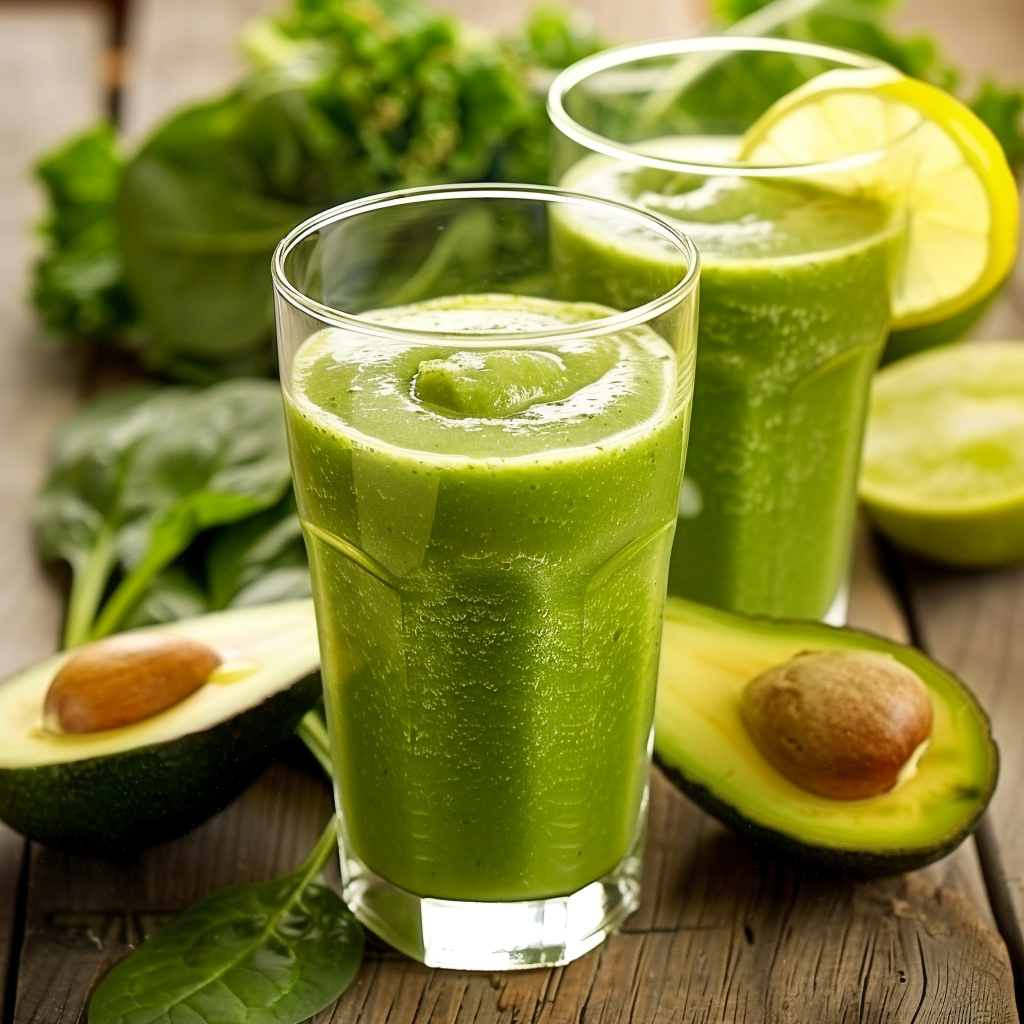 Two glasses of our Lean Green Machine Smoothie shine on a rustic wooden surface, surrounded by an array of fresh, vibrant ingredients. Leafy greens, creamy avocado halves, and zesty lemon slices set the stage for these nutrient-packed beverages. Each glass houses a smooth, foamy top that beckons with every sip. In the background, even more greens and avocado display their natural goodness. Bursting with health benefits and unparalleled freshness, this smoothie is your ticket to revitalization. At Zestful Blends, we focus on eco-friendly choices that nourish both you and our planet! Two glasses of our Lean Green Machine Smoothie shine on a rustic wooden surface, surrounded by an array of fresh, vibrant ingredients. Leafy greens, creamy avocado halves, and zesty lemon slices set the stage for these nutrient-packed beverages. Each glass houses a smooth, foamy top that beckons with every sip. In the background, even more greens and avocado display their natural goodness. Bursting with health benefits and unparalleled freshness, this smoothie is your ticket to revitalization. At Zestful Blends, we focus on eco-friendly choices that nourish both you and our planet!