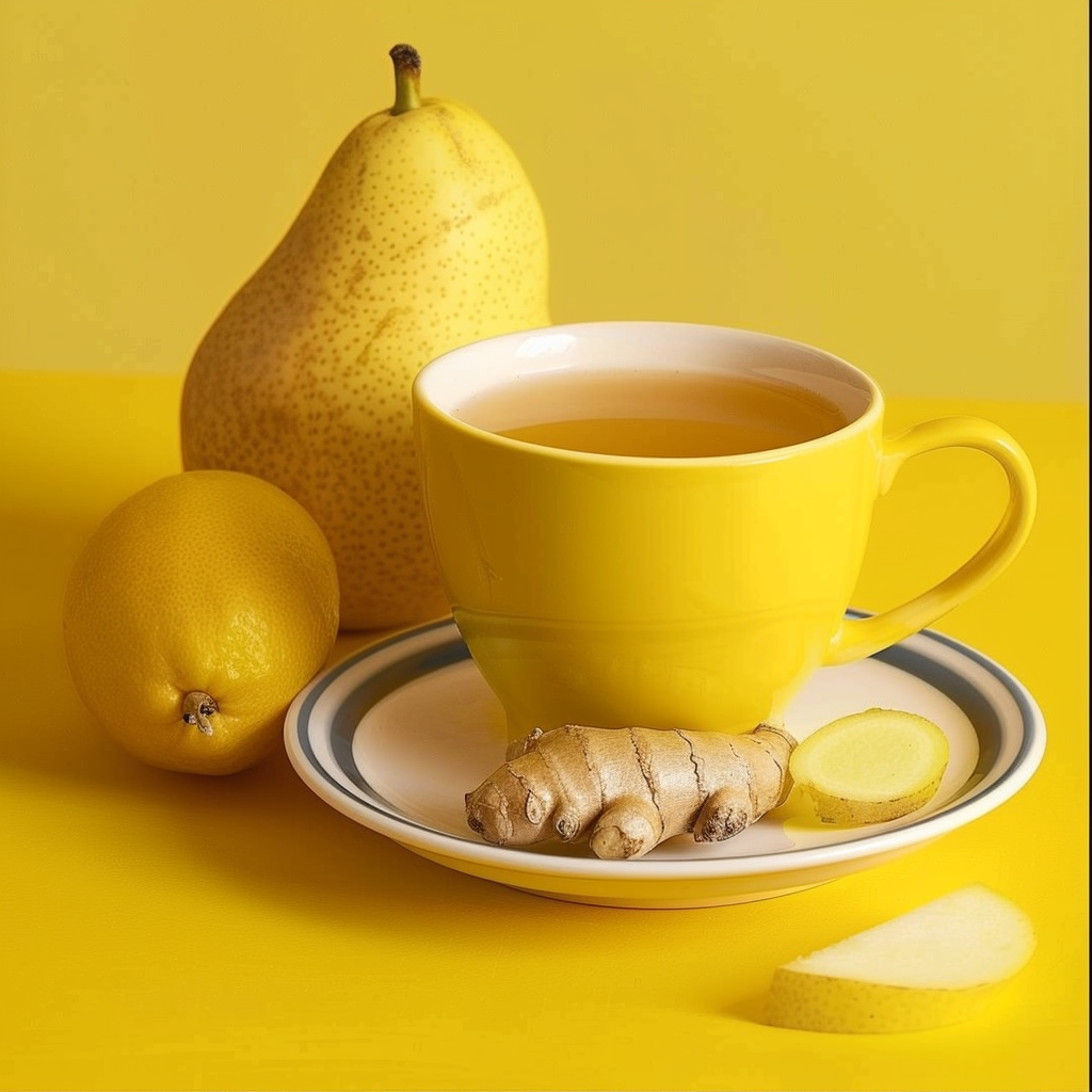 A vibrant yellow scene bursting with goodness! Dive into our Lemon Ginger Glow tea, elegantly served in a glowing yellow cup and saucer. Framed by a fresh pear, zesty lemon, and aromatic ginger slice on a sunny yellow surface, this image exudes the freshness and health benefits you crave. At Zestful Blends, we pride ourselves on offering eco-friendly products that are as refreshing as they are nutritious—from fruit salads to smoothies to delectable desserts. Sip into wellness with us! A vibrant yellow scene bursting with goodness! Dive into our Lemon Ginger Glow tea, elegantly served in a glowing yellow cup and saucer. Framed by a fresh pear, zesty lemon, and aromatic ginger slice on a sunny yellow surface, this image exudes the freshness and health benefits you crave. At Zestful Blends, we pride ourselves on offering eco-friendly products that are as refreshing as they are nutritious—from fruit salads to smoothies to delectable desserts. Sip into wellness with us!